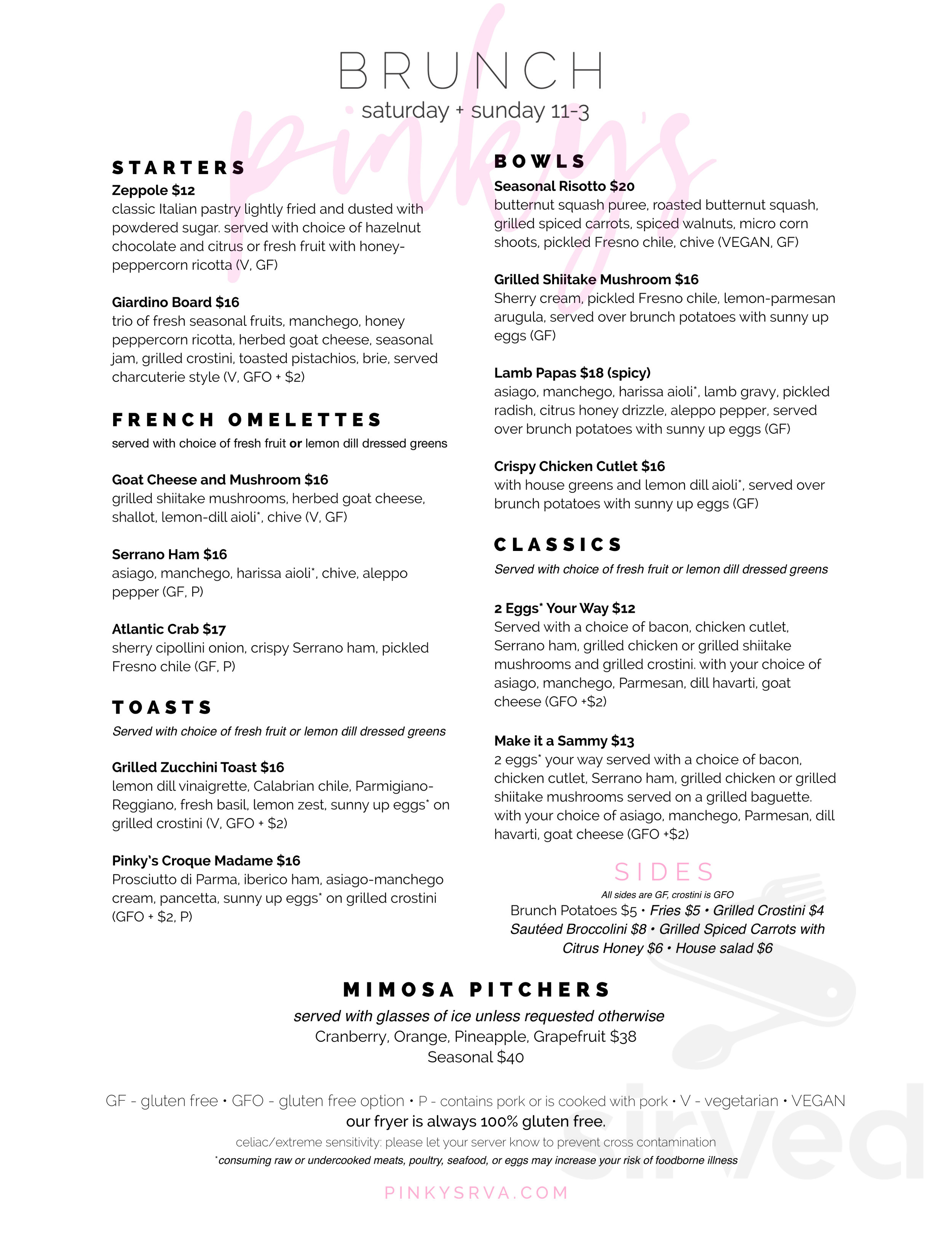 Menu - Richmond VA's Pinky's | Sirved