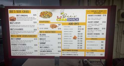 Bee's Crab Shack menu in Quincy, Florida, USA