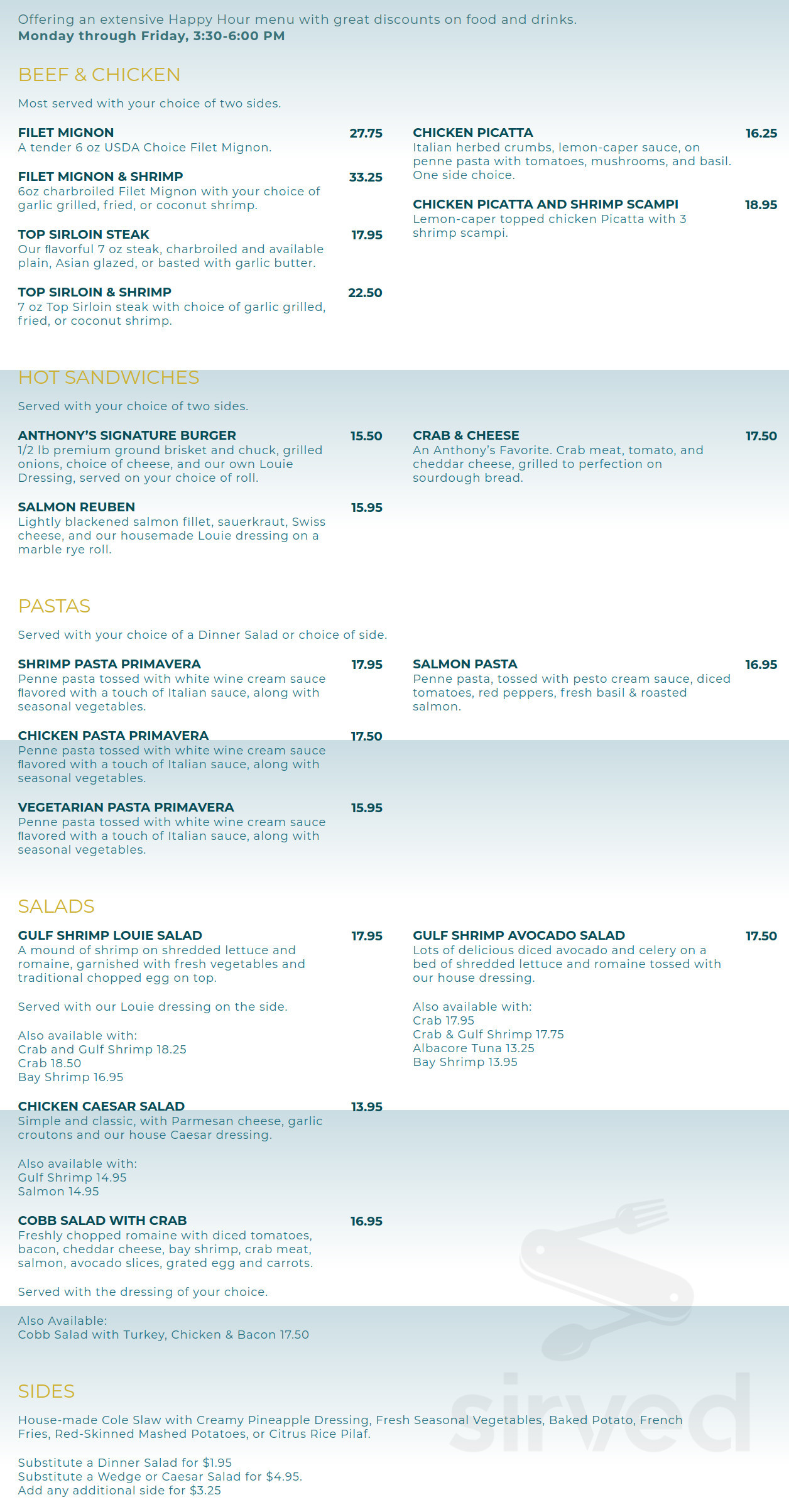 Anthony's Fish Grotto menu in La Mesa, California, USA