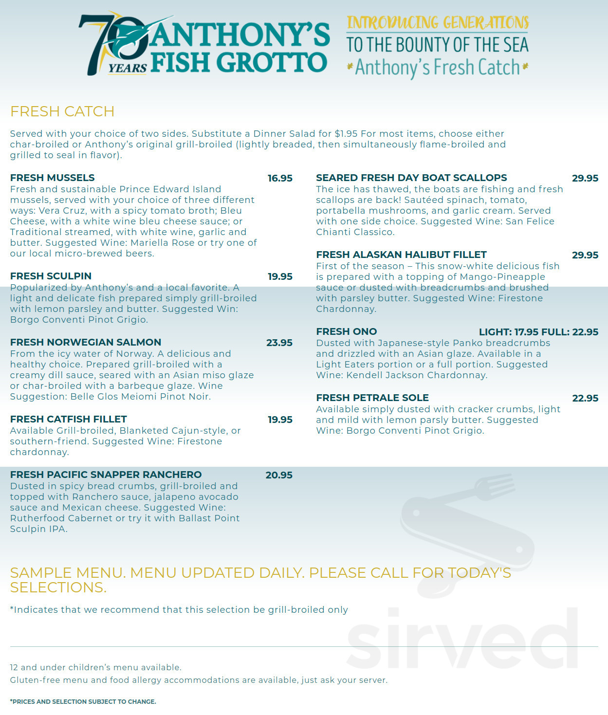 Anthony's Fish Grotto menu in La Mesa, California, USA