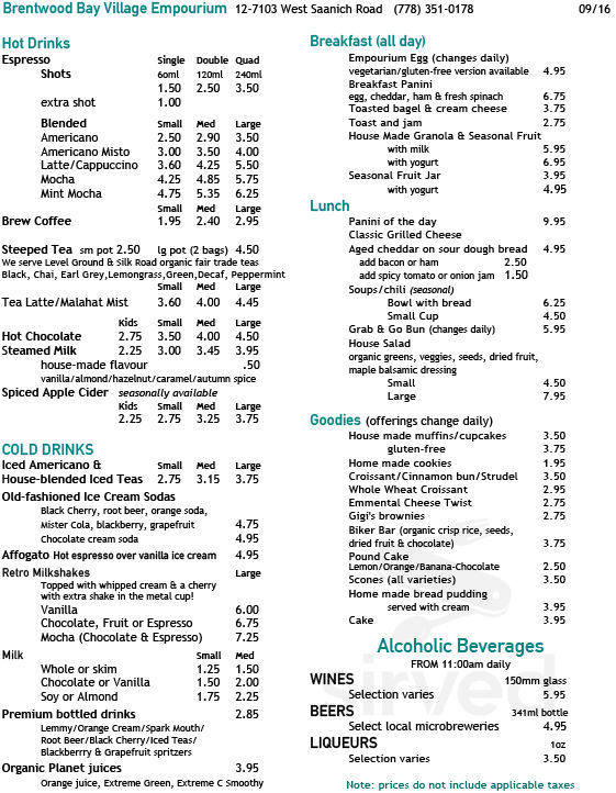 Brentwood Bay Village Empourium menu in Brentwood Bay, British Columbia