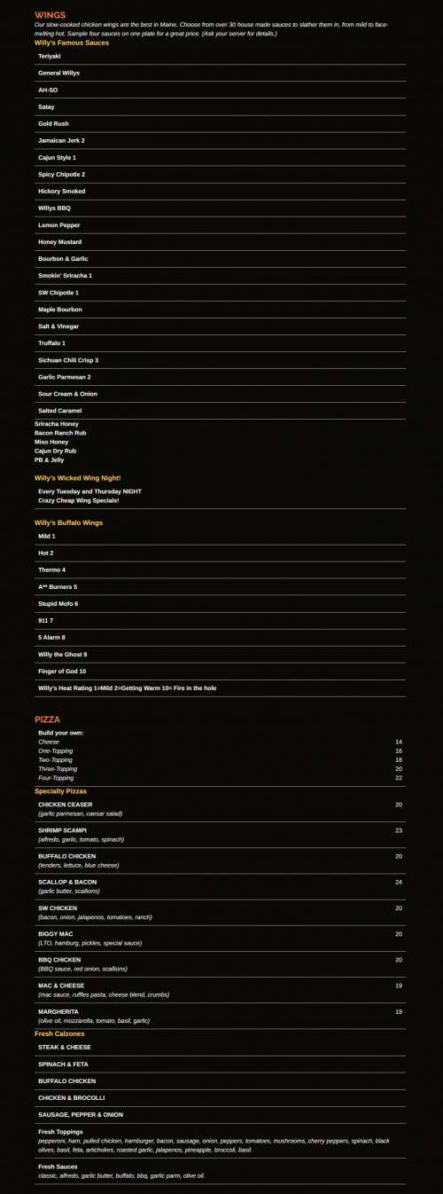 Willy's Ale Room menu in Acton, Maine, USA