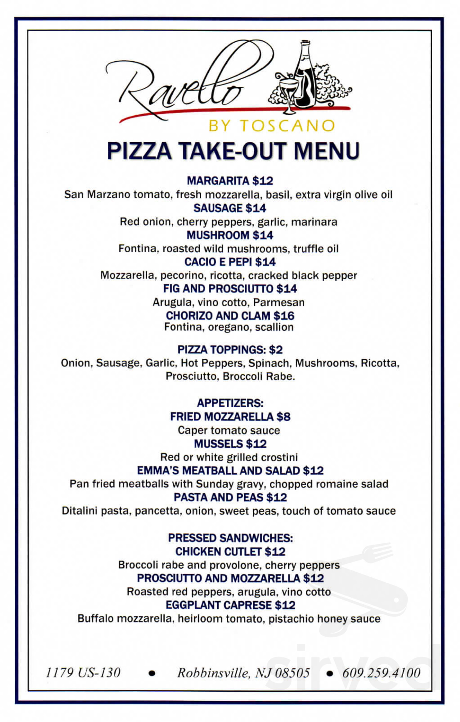 Ravello by Toscano take out menu in Robbinsville Twp, New Jersey