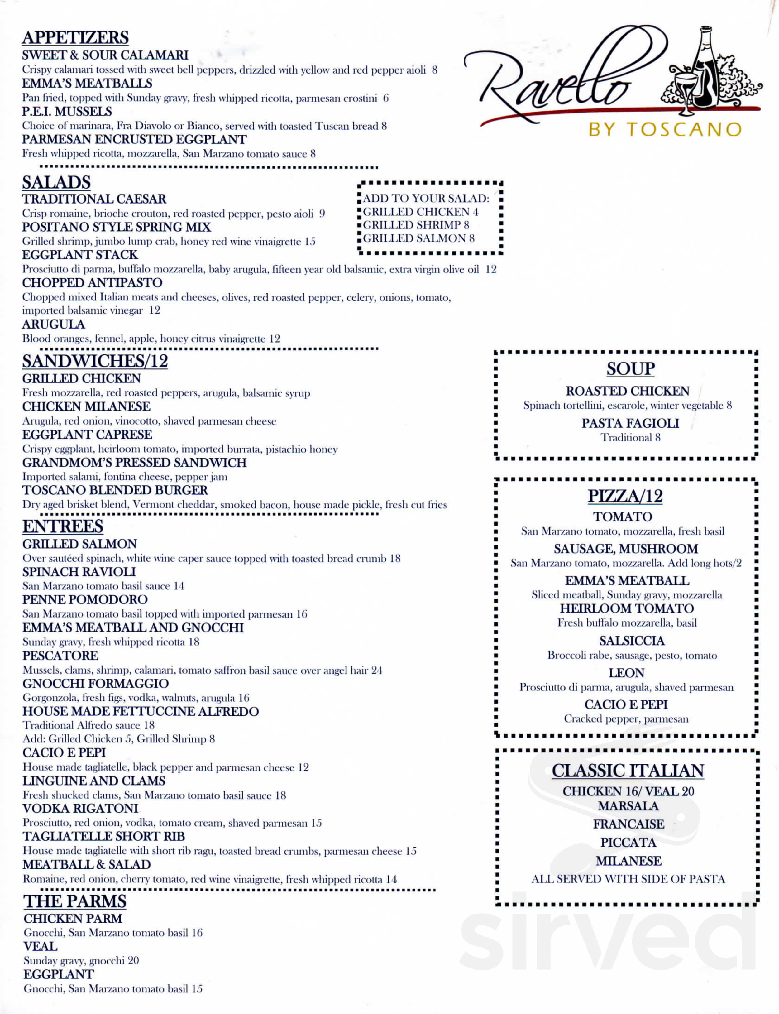 Ravello by Toscano lunch menu in Robbinsville Twp, New Jersey