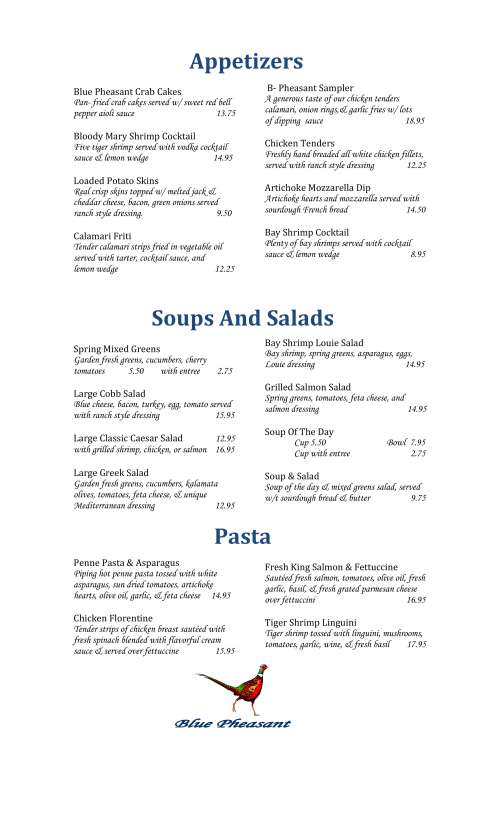 The Blue Pheasant Restaurant menu in Cupertino, California, USA
