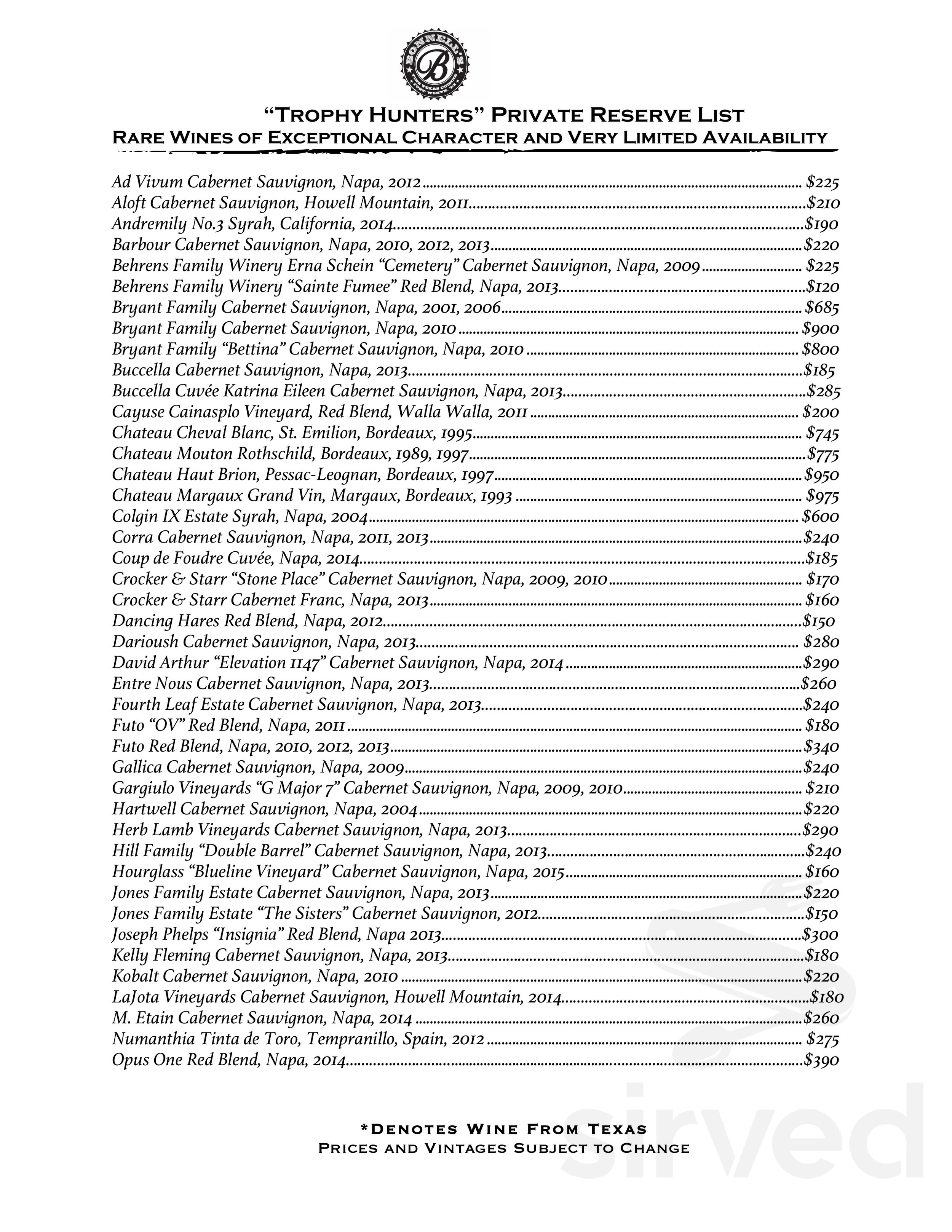 Bonnell's Fine Texas Cuisine menus in Fort Worth, Texas, United States