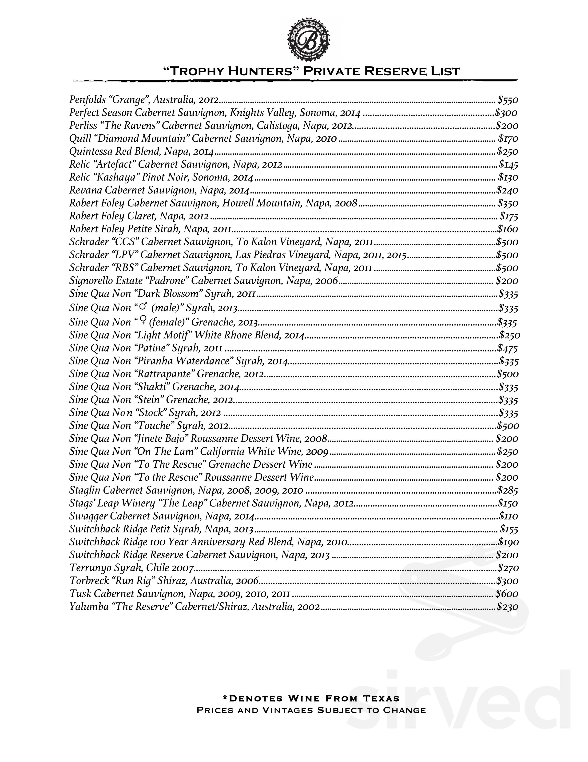 Bonnell's Fine Texas Cuisine menus in Fort Worth, Texas, United States