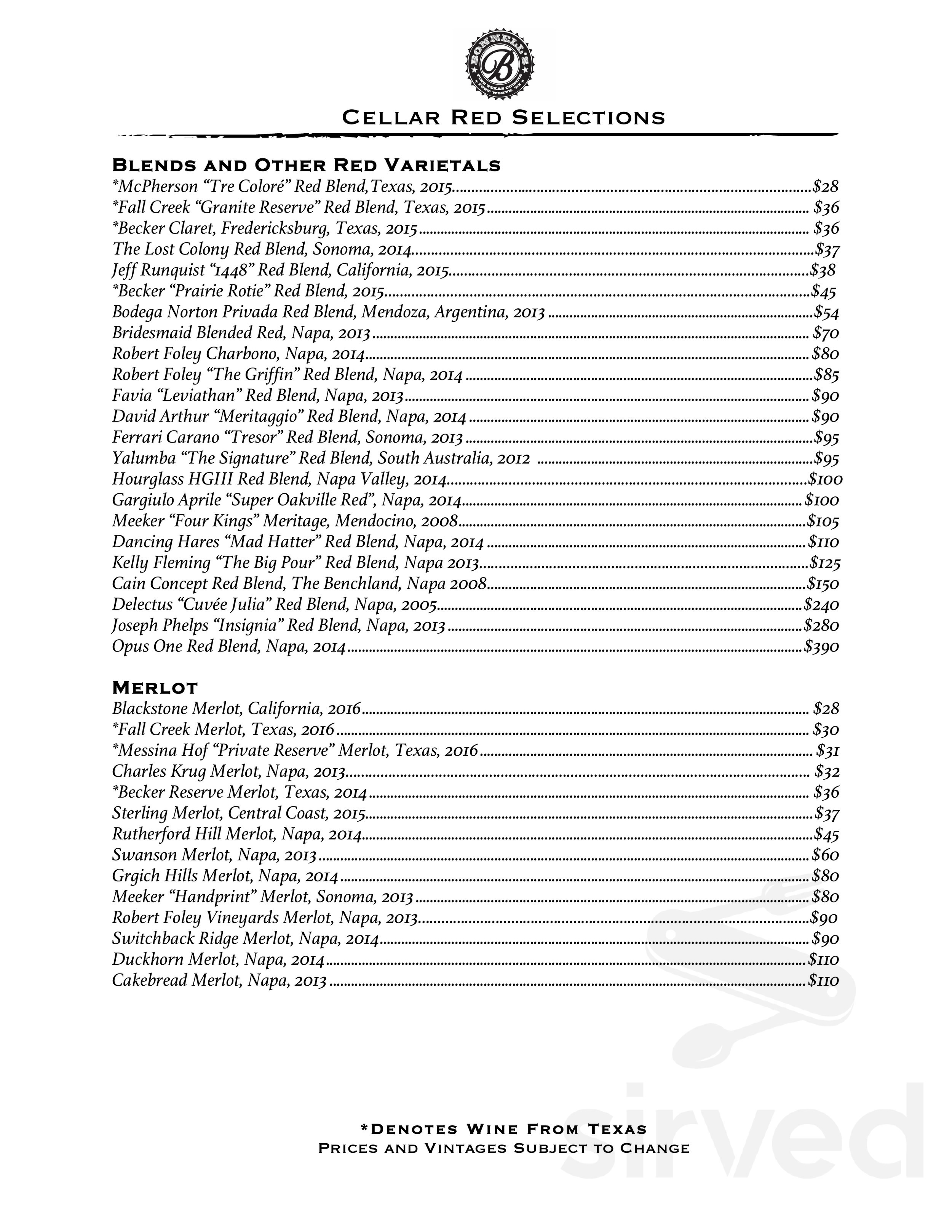 Bonnell's Fine Texas Cuisine menus in Fort Worth, Texas, United States