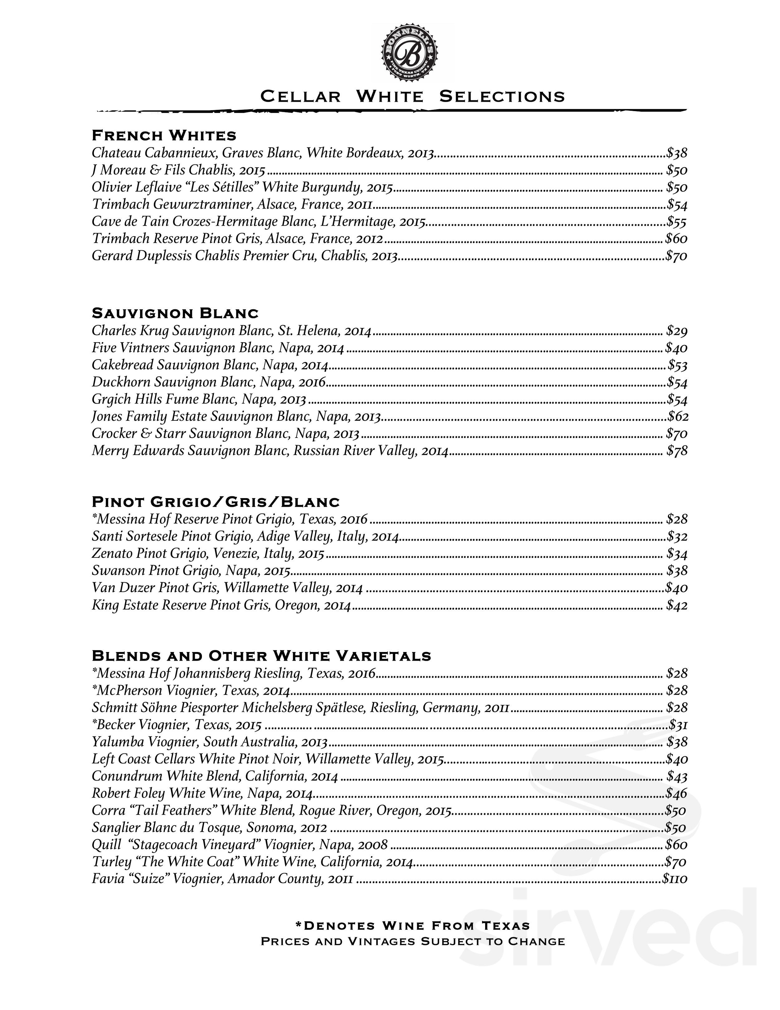 Bonnell's Fine Texas Cuisine menus in Fort Worth, Texas, United States