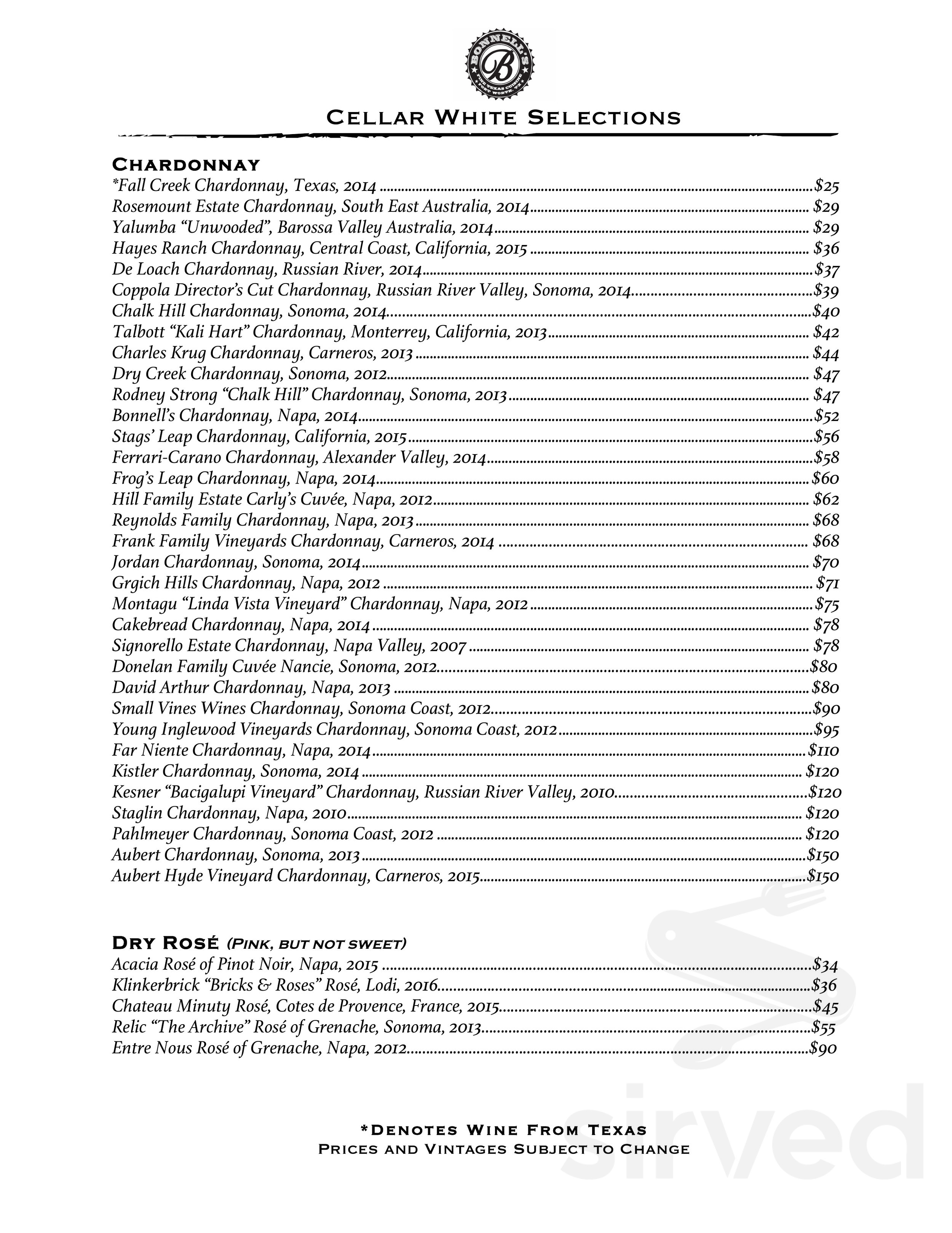 Bonnell's Fine Texas Cuisine menus in Fort Worth, Texas, United States