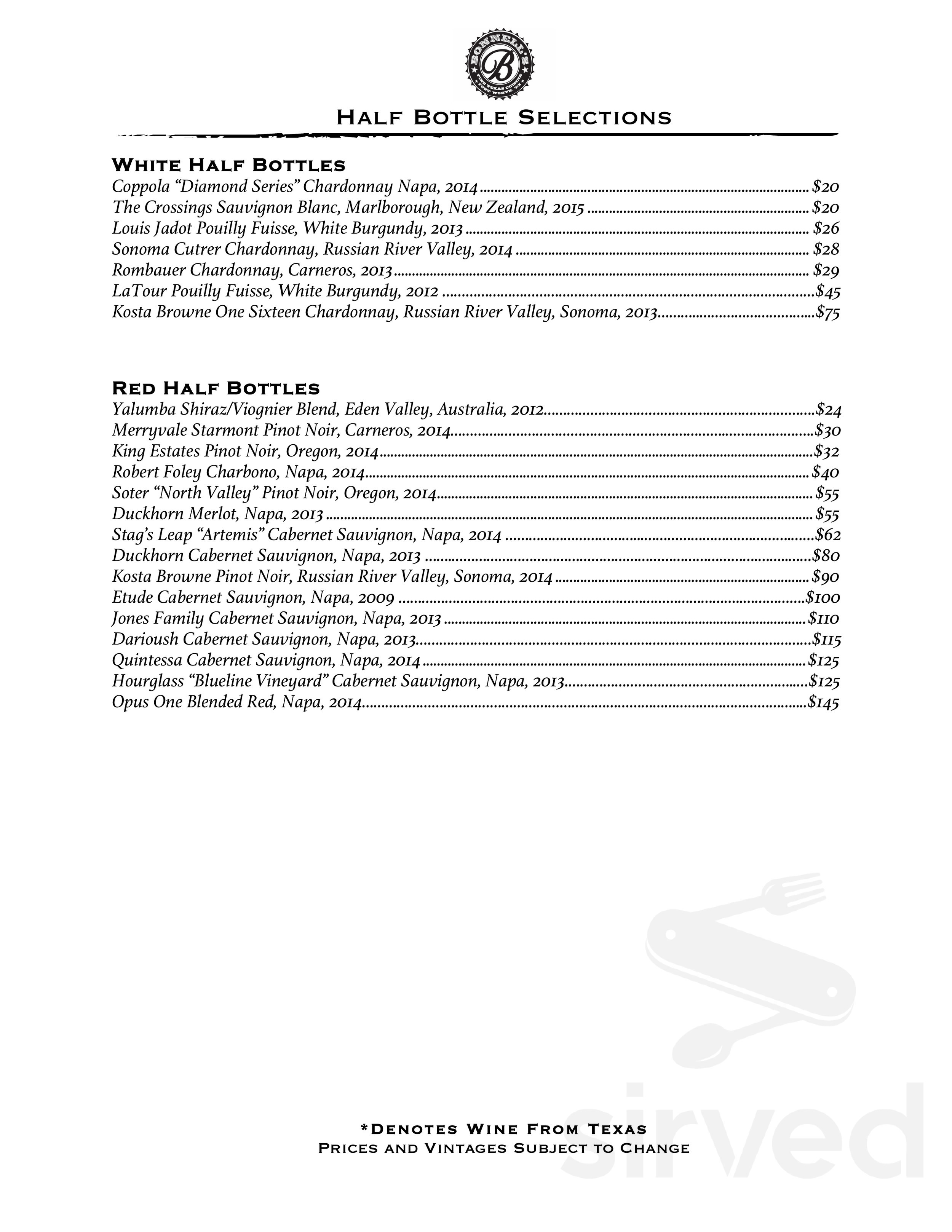 Bonnell's Fine Texas Cuisine menus in Fort Worth, Texas, United States