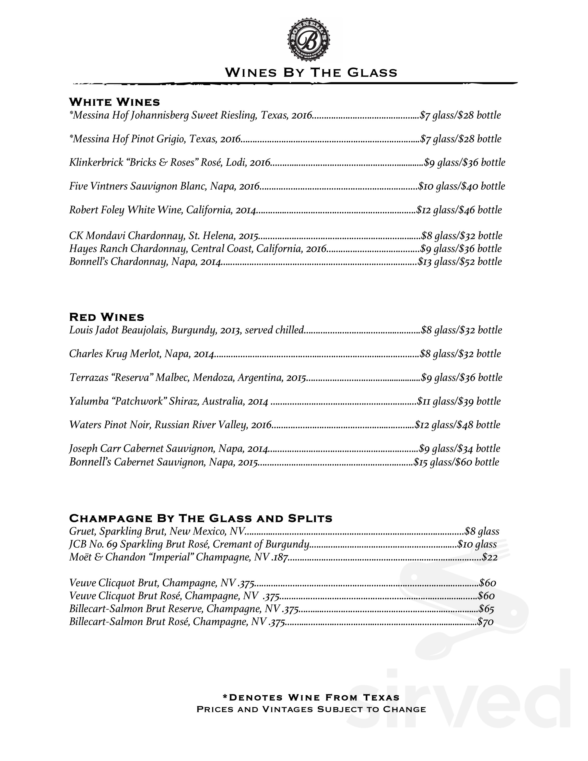 Bonnell's Fine Texas Cuisine menus in Fort Worth, Texas, United States