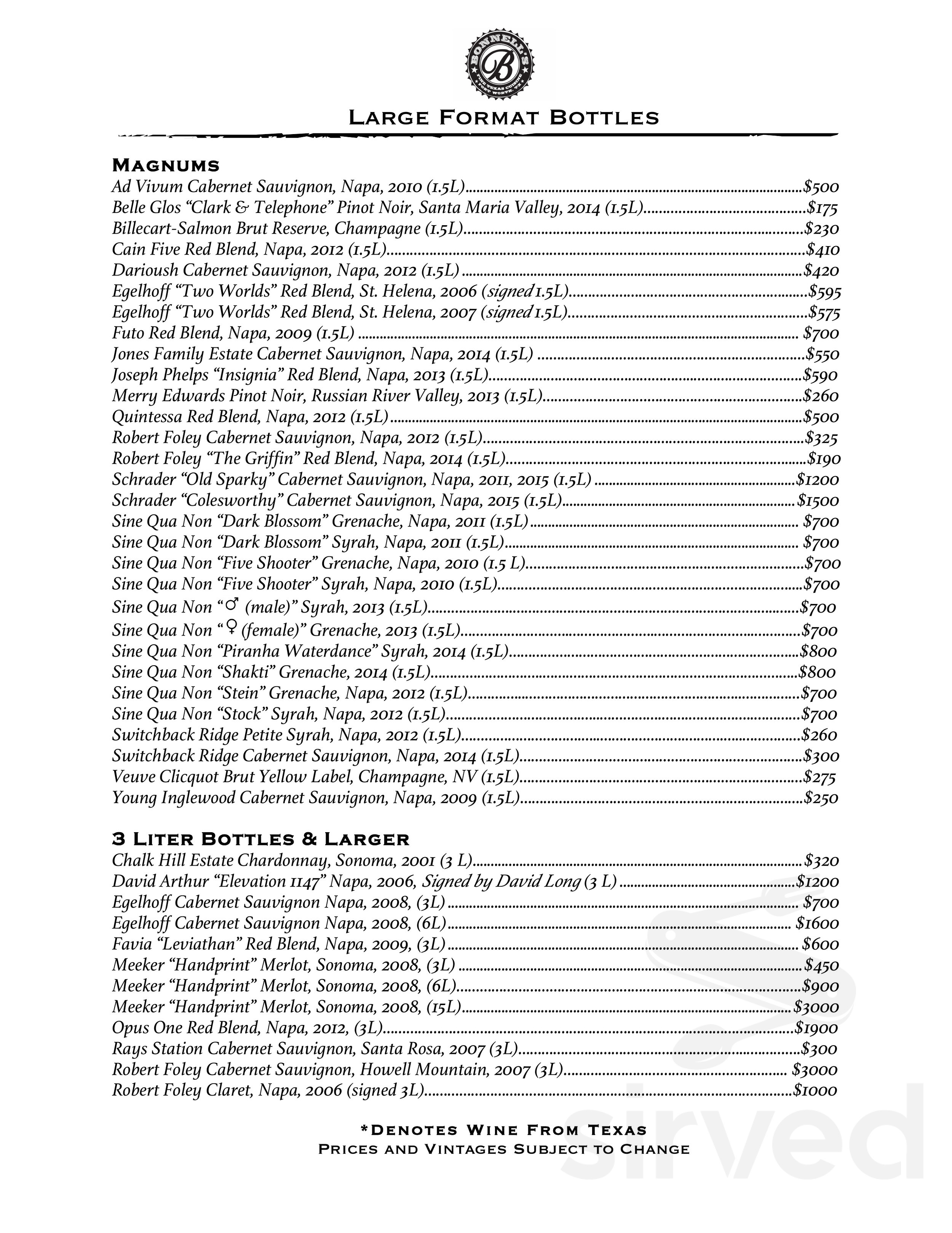 Bonnell's Fine Texas Cuisine menus in Fort Worth, Texas, United States