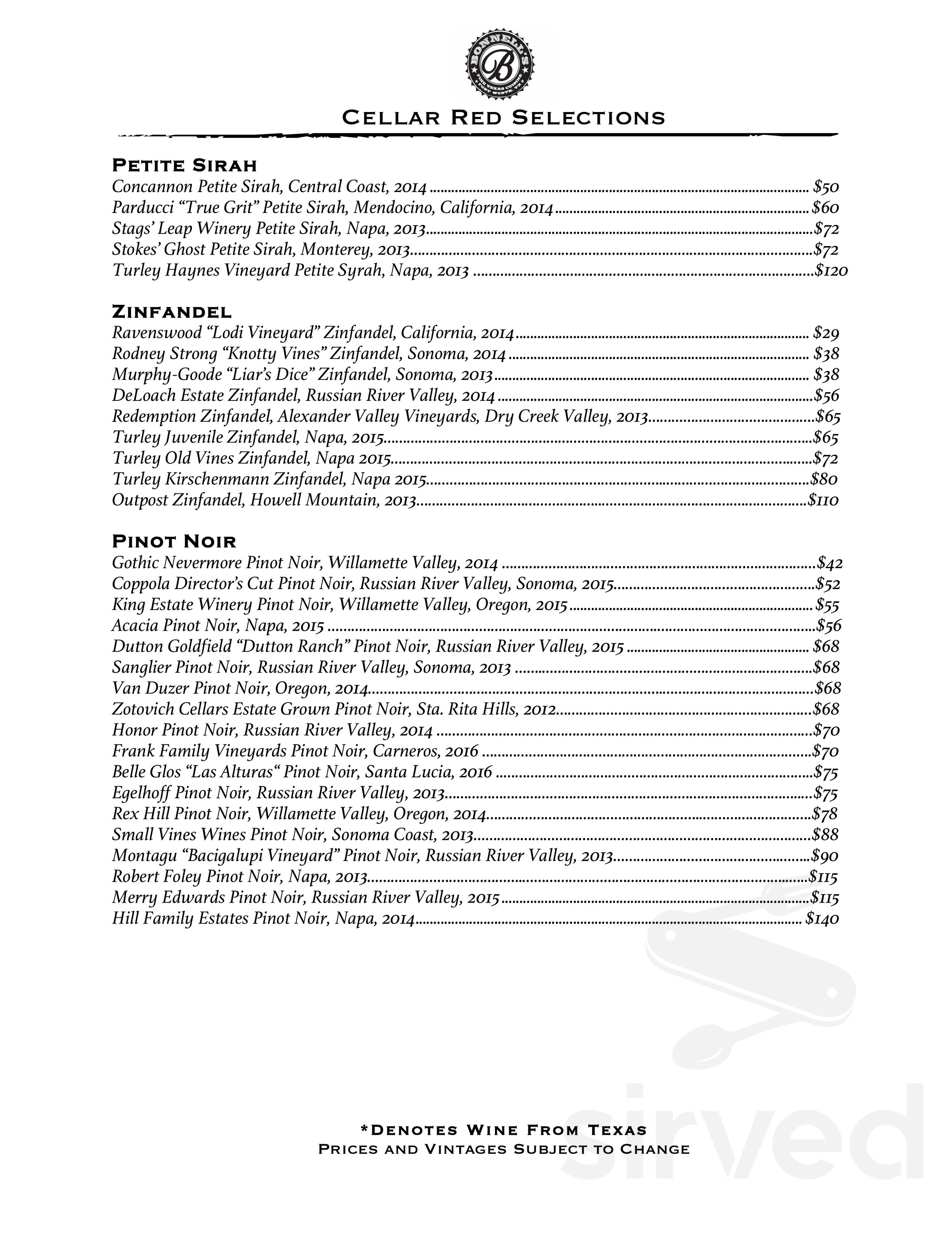 Bonnell's Fine Texas Cuisine menus in Fort Worth, Texas, United States