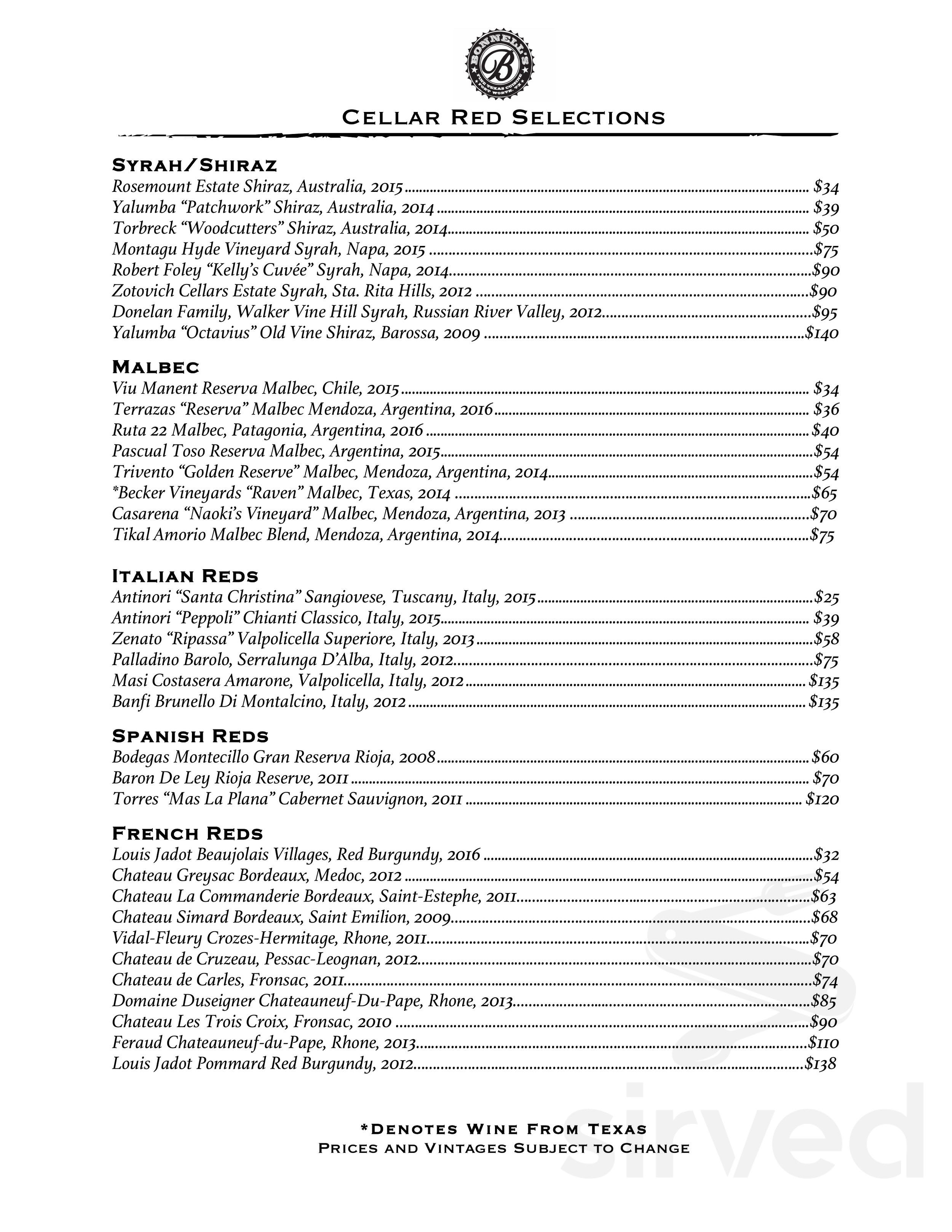 Bonnell's Fine Texas Cuisine menus in Fort Worth, Texas, United States