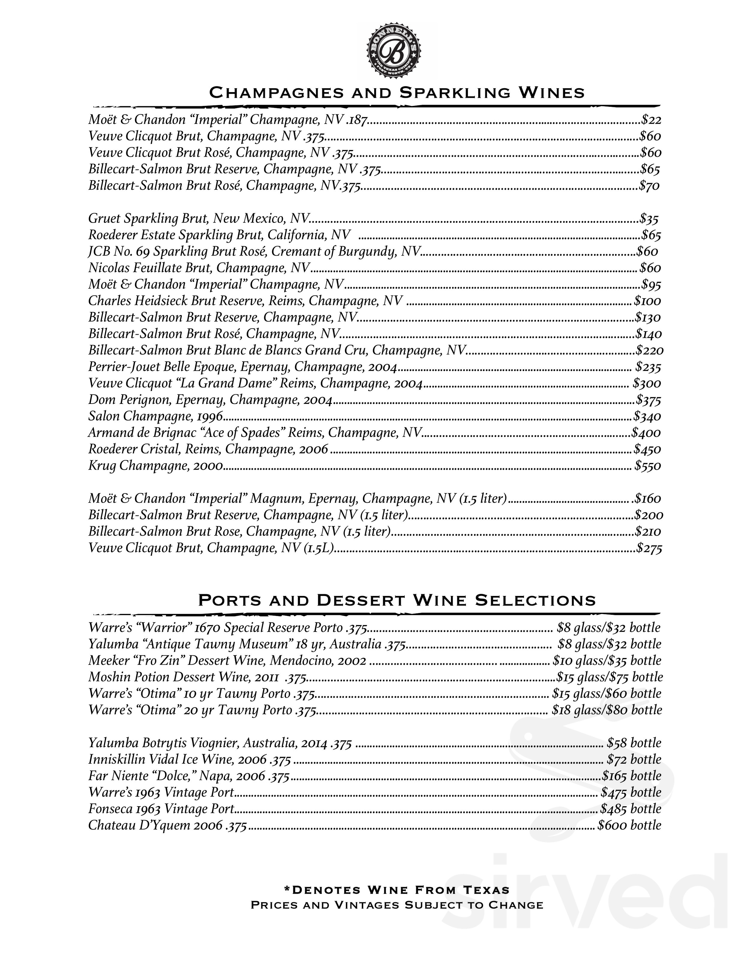 Bonnell's Fine Texas Cuisine menus in Fort Worth, Texas, United States