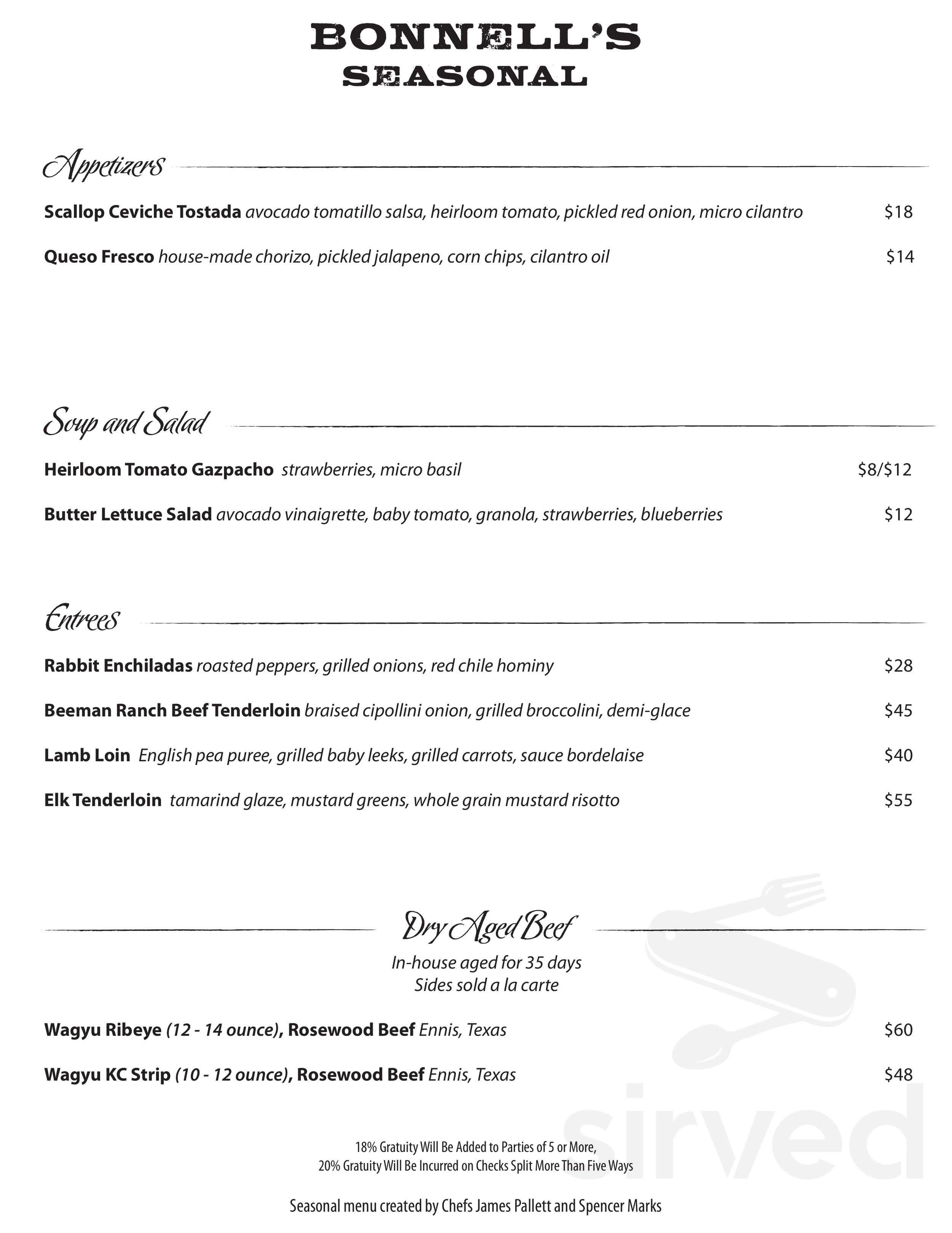 Bonnell's Fine Texas Cuisine menus in Fort Worth, Texas, United States