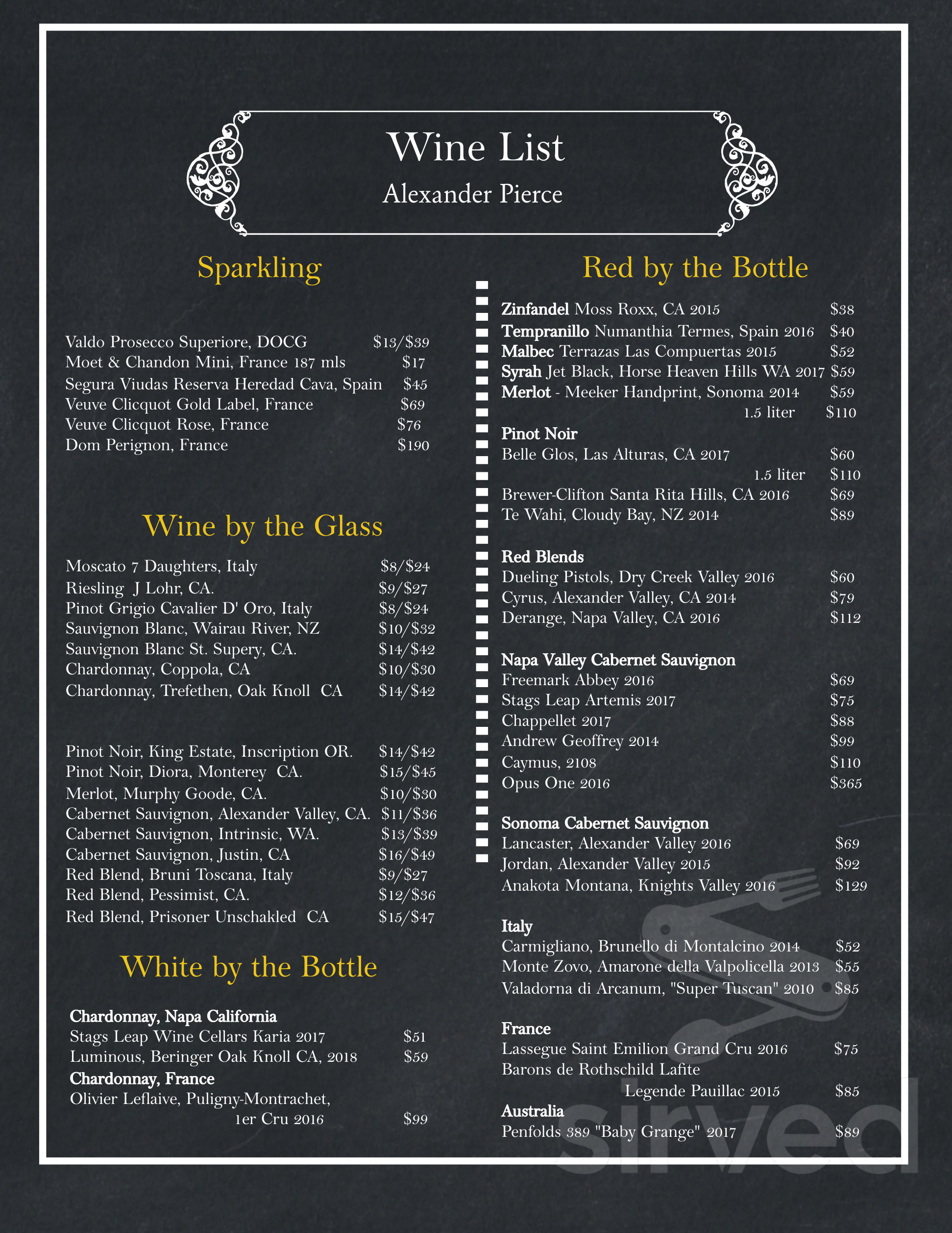 Menu for Alexander Pierce Restaurant in Akron, OH | Sirved