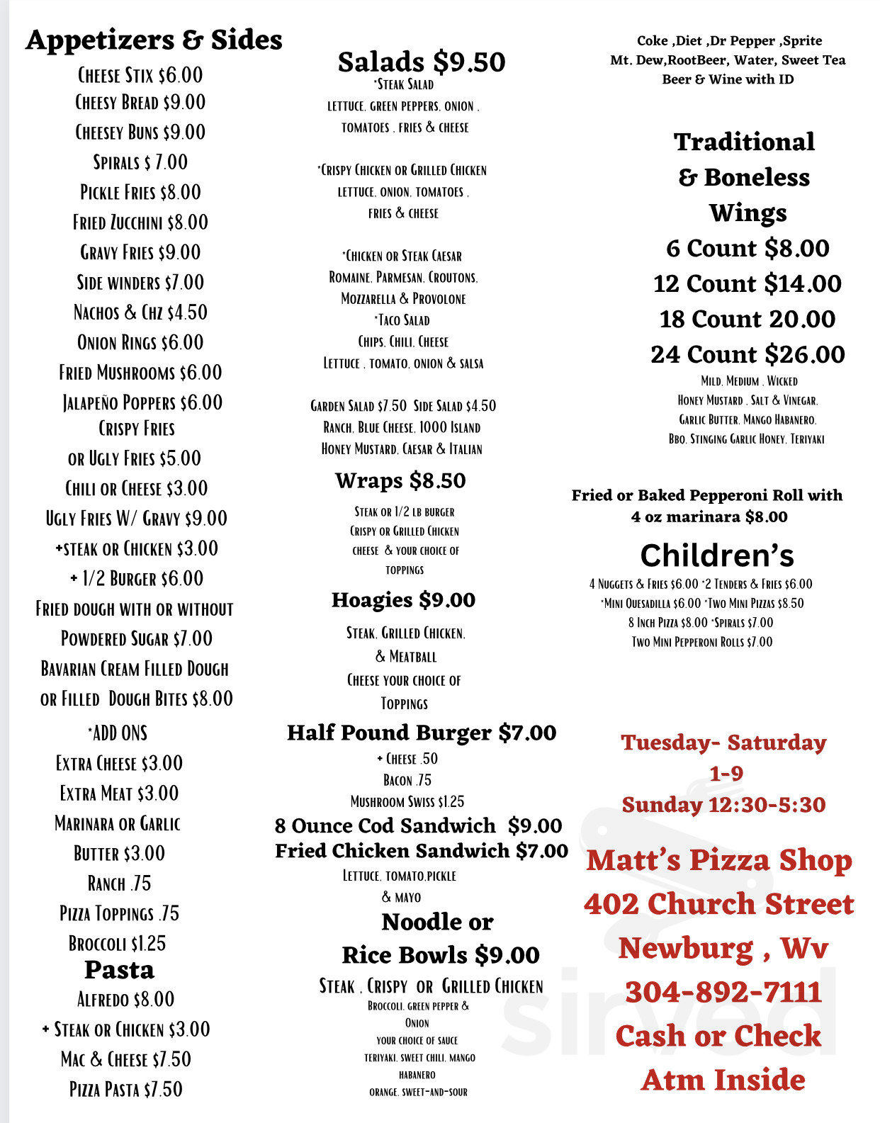 Matt's Pizza Shop menu in Newburg, West Virginia, USA
