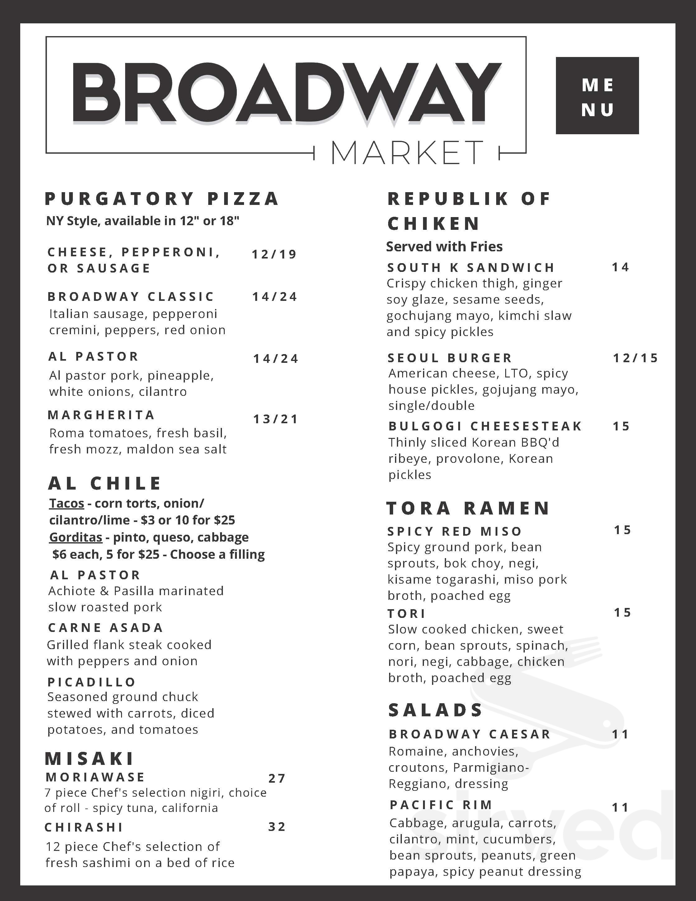 Purgatory Pizza at Broadway Market menu in Denver, Colorado, USA