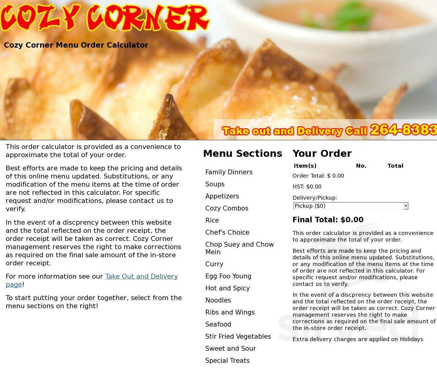 Cozy Corner Restaurant menu in Timmins, Ontario, Canada