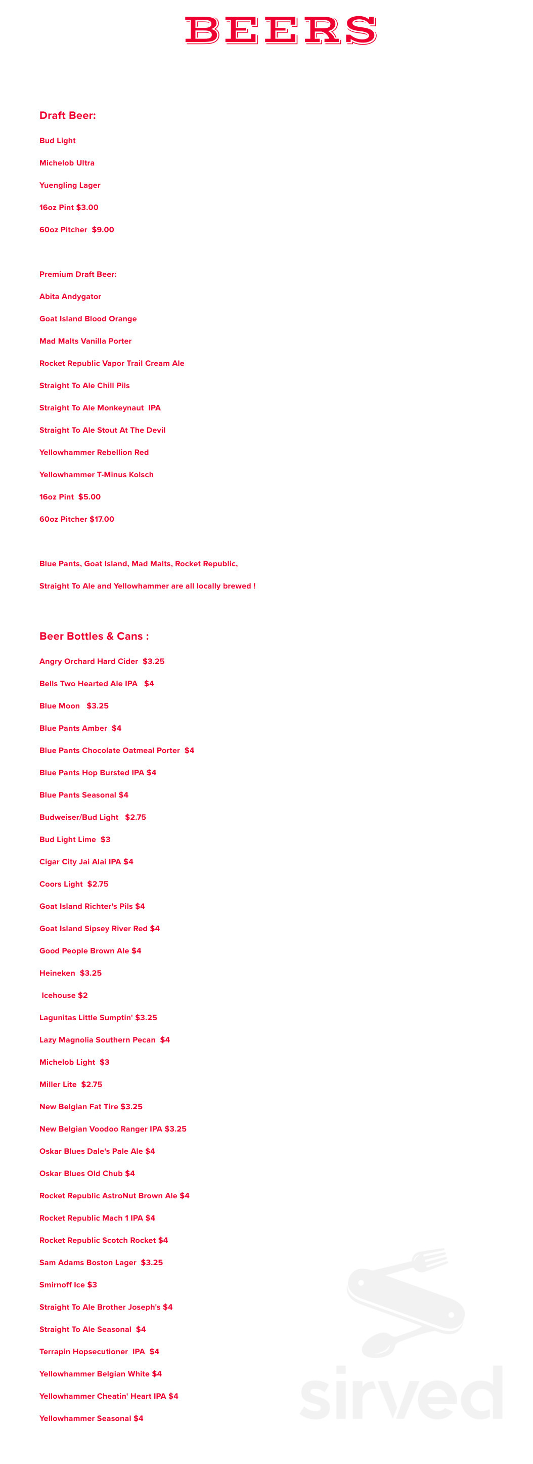 Big Ed's Pizza menu in Huntsville, Alabama, USA