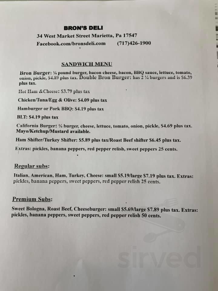 Bron's Deli menu in Marietta, Pennsylvania