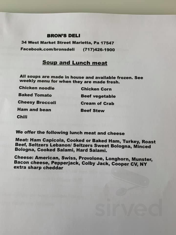 Bron's Deli menu in Marietta, Pennsylvania