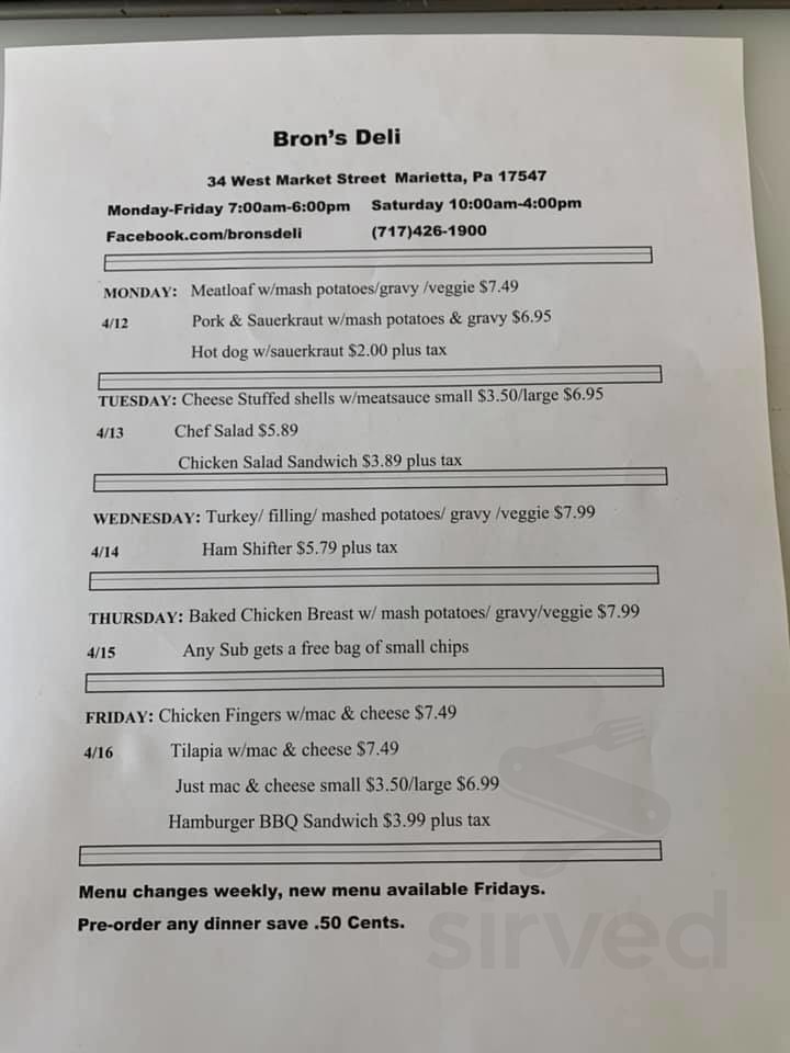 Bron's Deli menu in Marietta, Pennsylvania