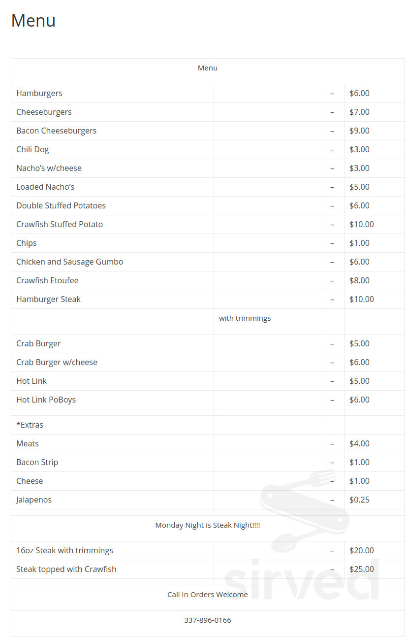 Menu for O'Darby's Pub & Grill in Carencro, LA Sirved