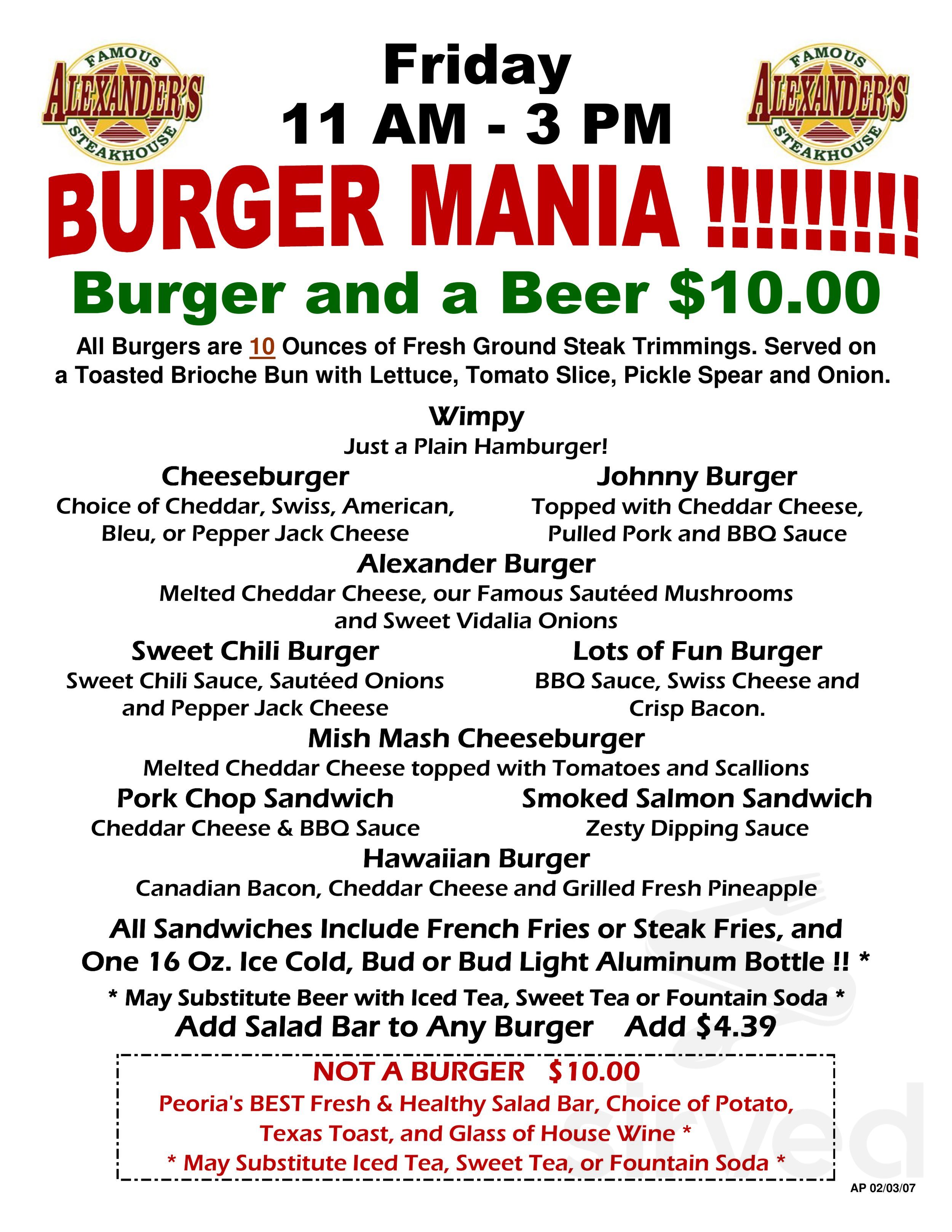 Alexander's Steakhouse Peoria menu in Peoria, Illinois, USA