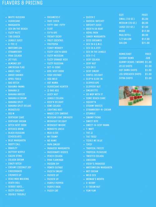 Coconutz Daiquiri menu in Bogalusa, Louisiana, USA