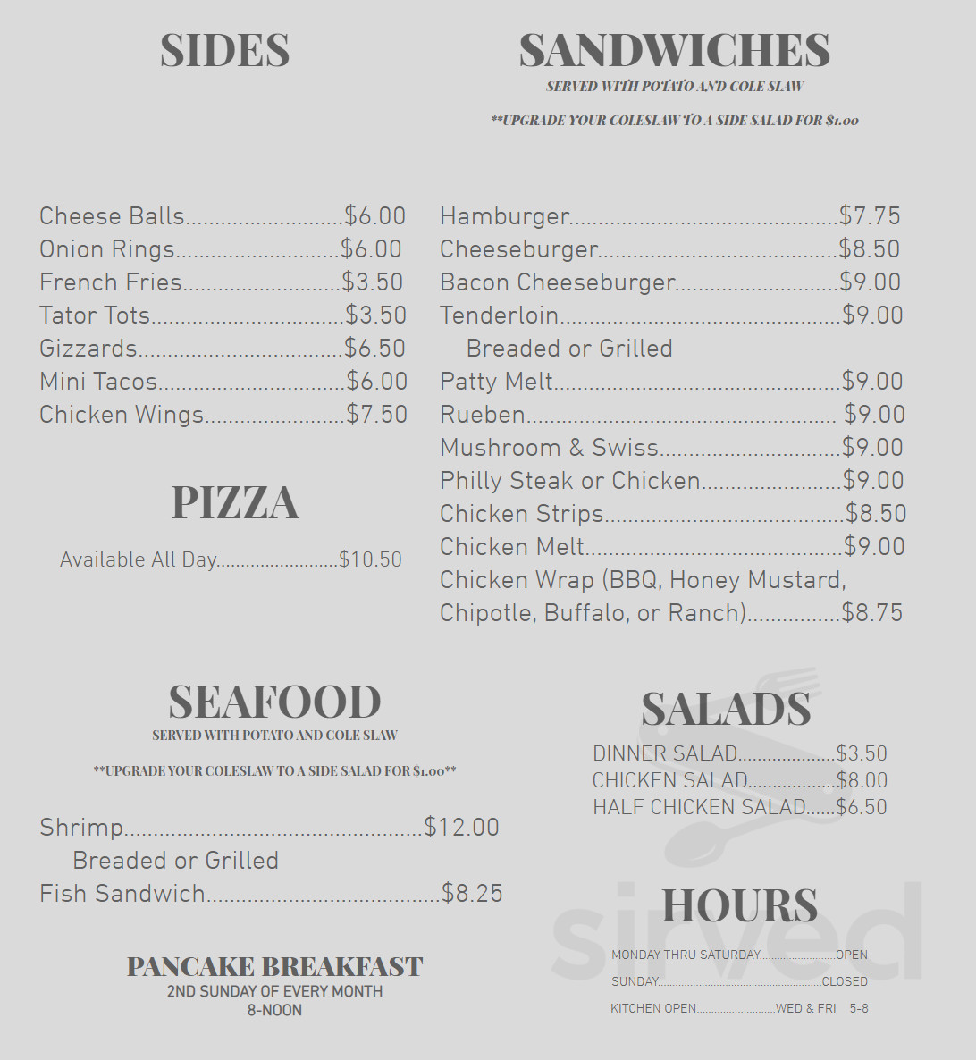 Menu for VFW Post 5515 in Garner, IA | Sirved