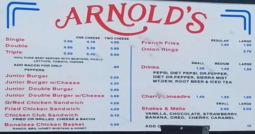 Arnold's Old Fashioned Hamburgers menu in Tulsa, Oklahoma, USA