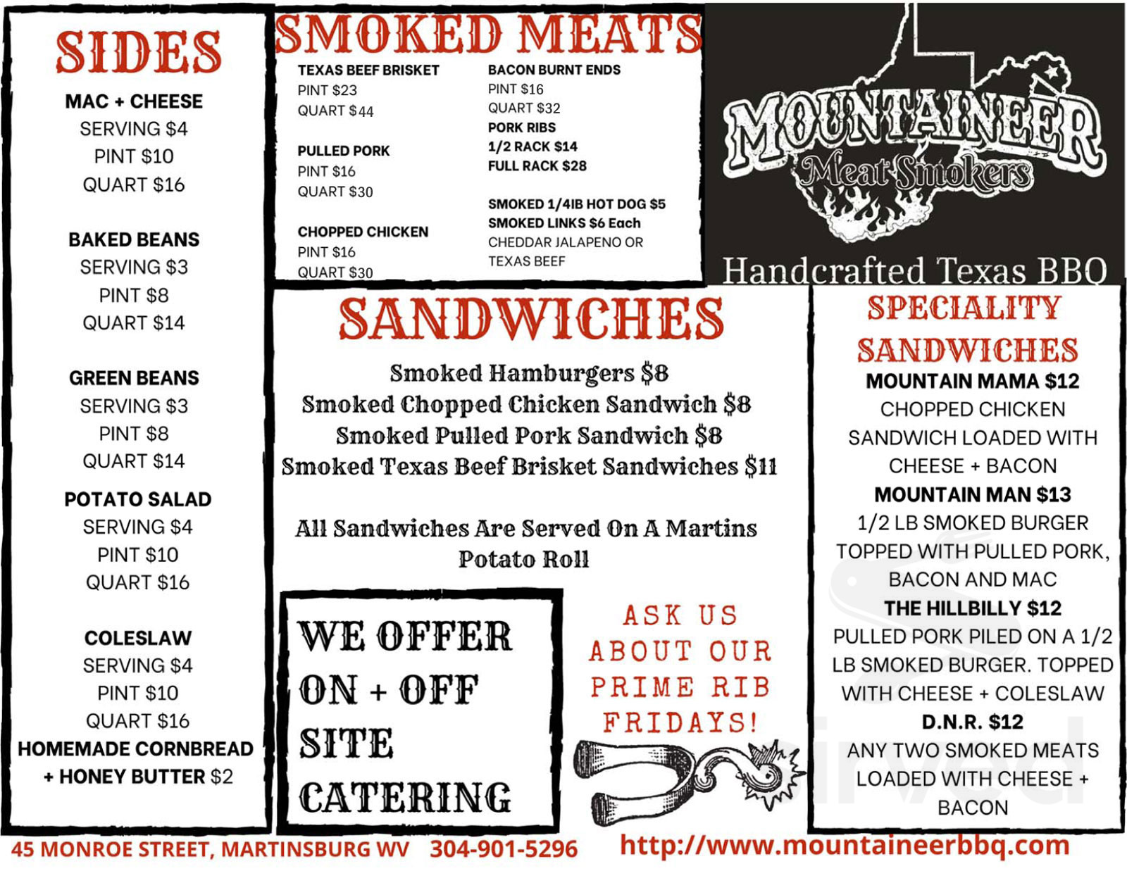 Mountaineer Meat Smokers menu in Martinsburg, West Virginia, USA