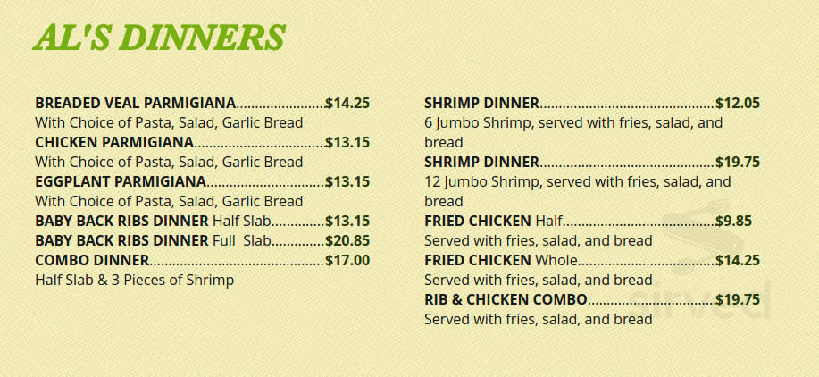 Al's Pizza menu in Norridge, Illinois, USA