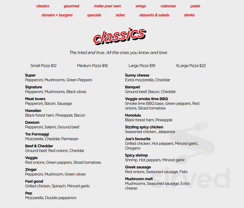 Menu Tumbler Ridge BC's Joe's Pizza Stone Sirved