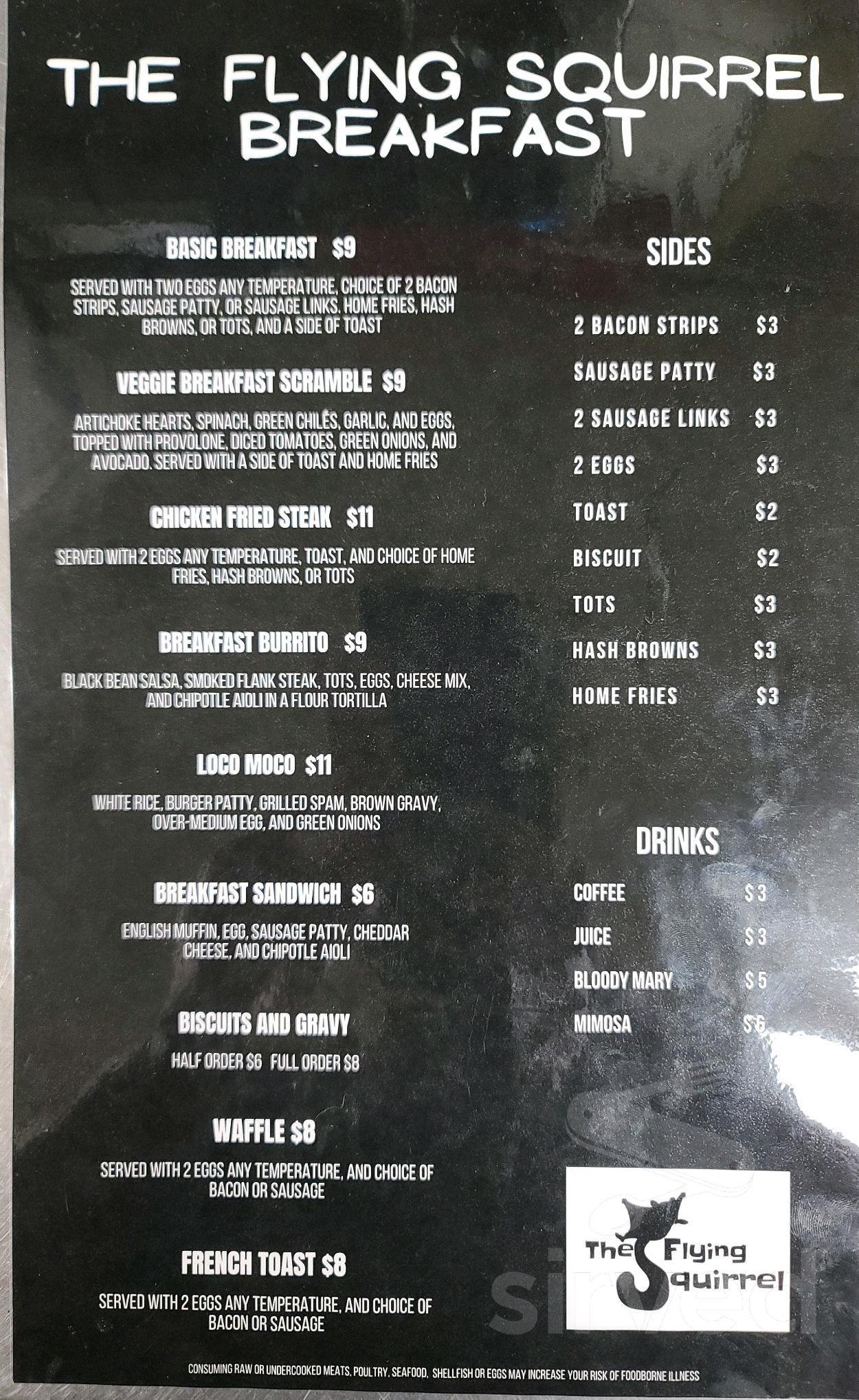 The Flying Squirrel Tavern menu in Eugene, Oregon, USA