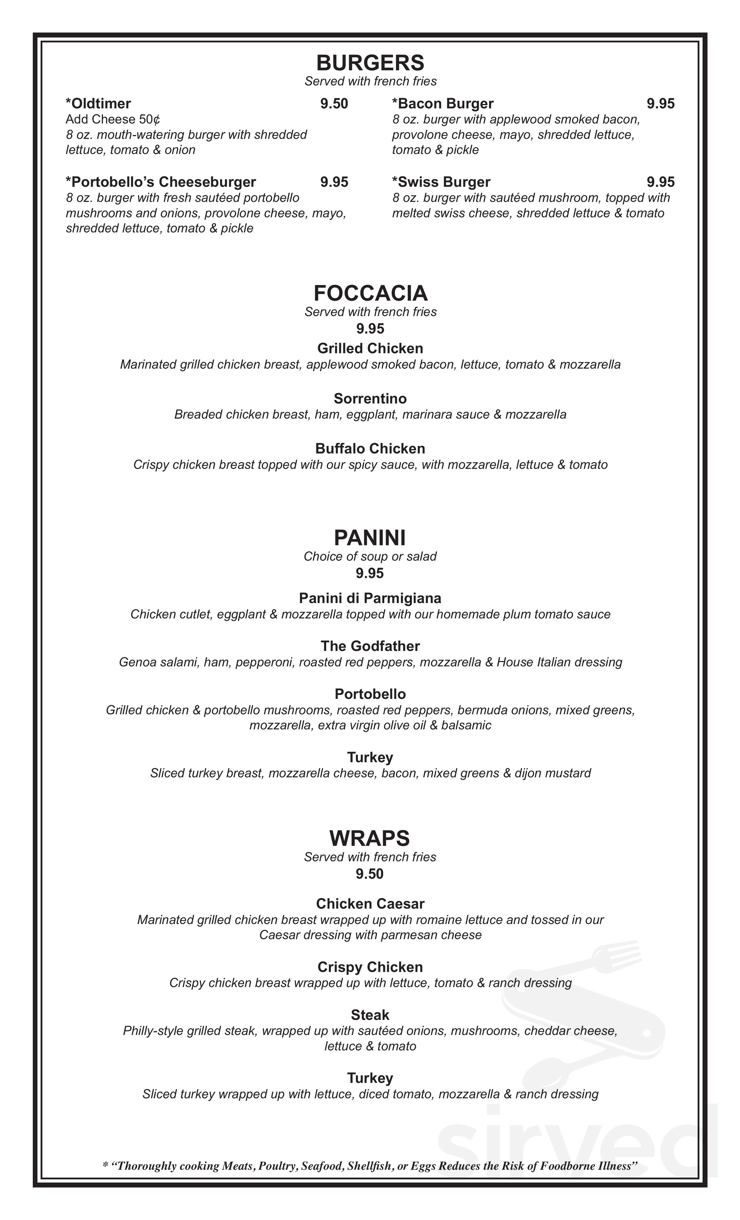 Portobellos Restaurant Pizzaria & Lounge lunch menu in New Hartford, Connecticut