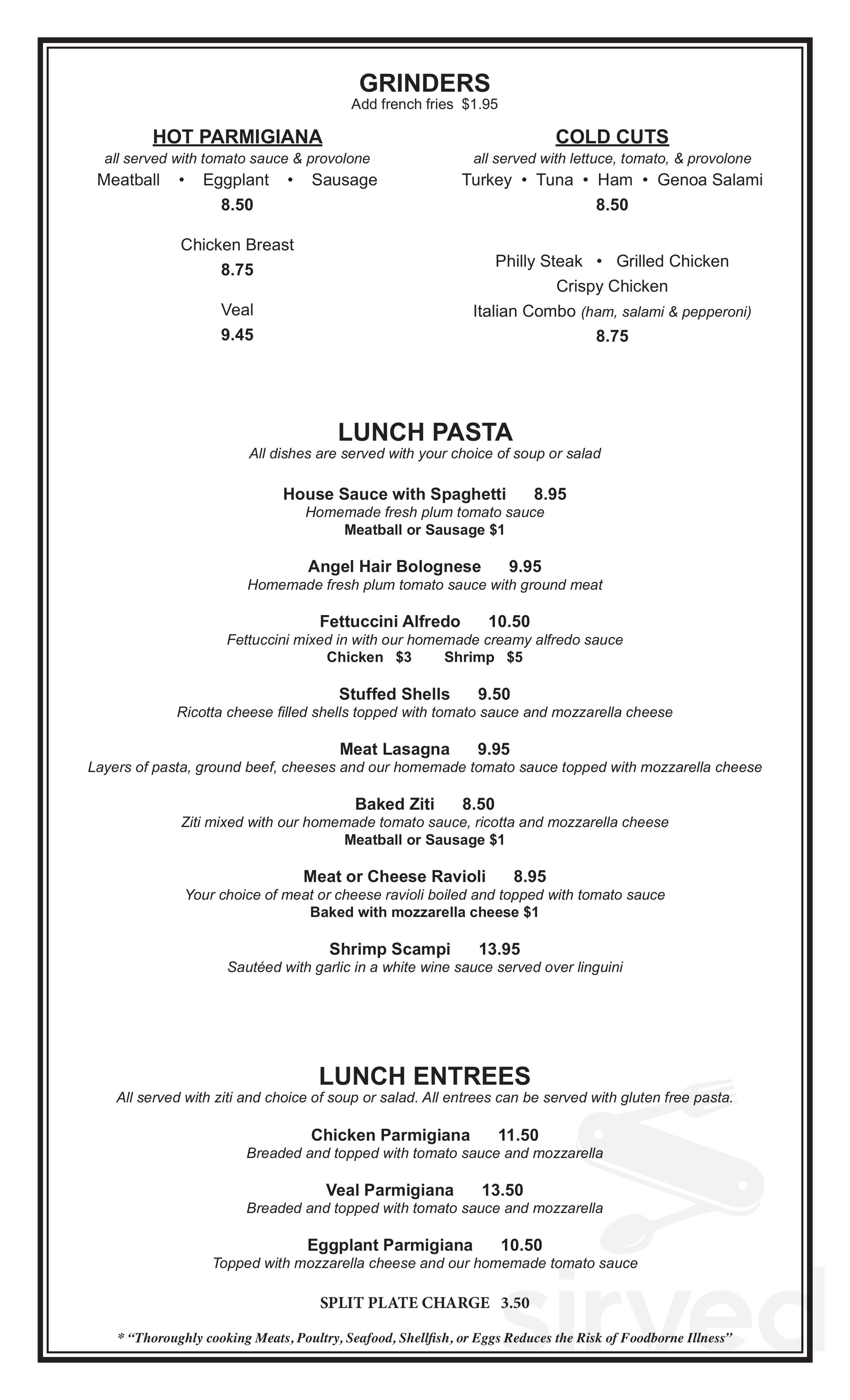Portobellos Restaurant Pizzaria & Lounge lunch menu in New Hartford, Connecticut