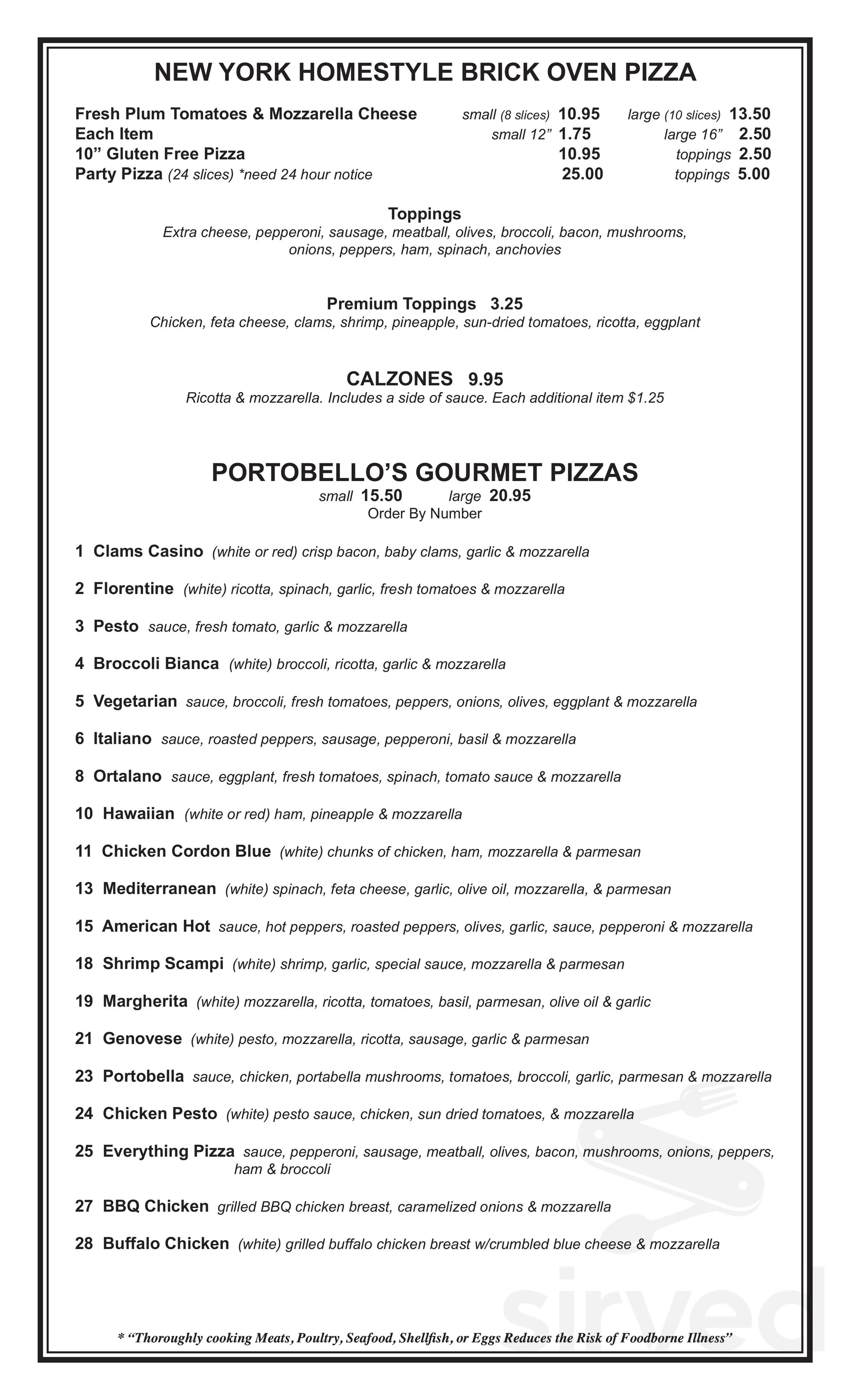 Portobellos Restaurant Pizzaria & Lounge menu in New Hartford, Connecticut