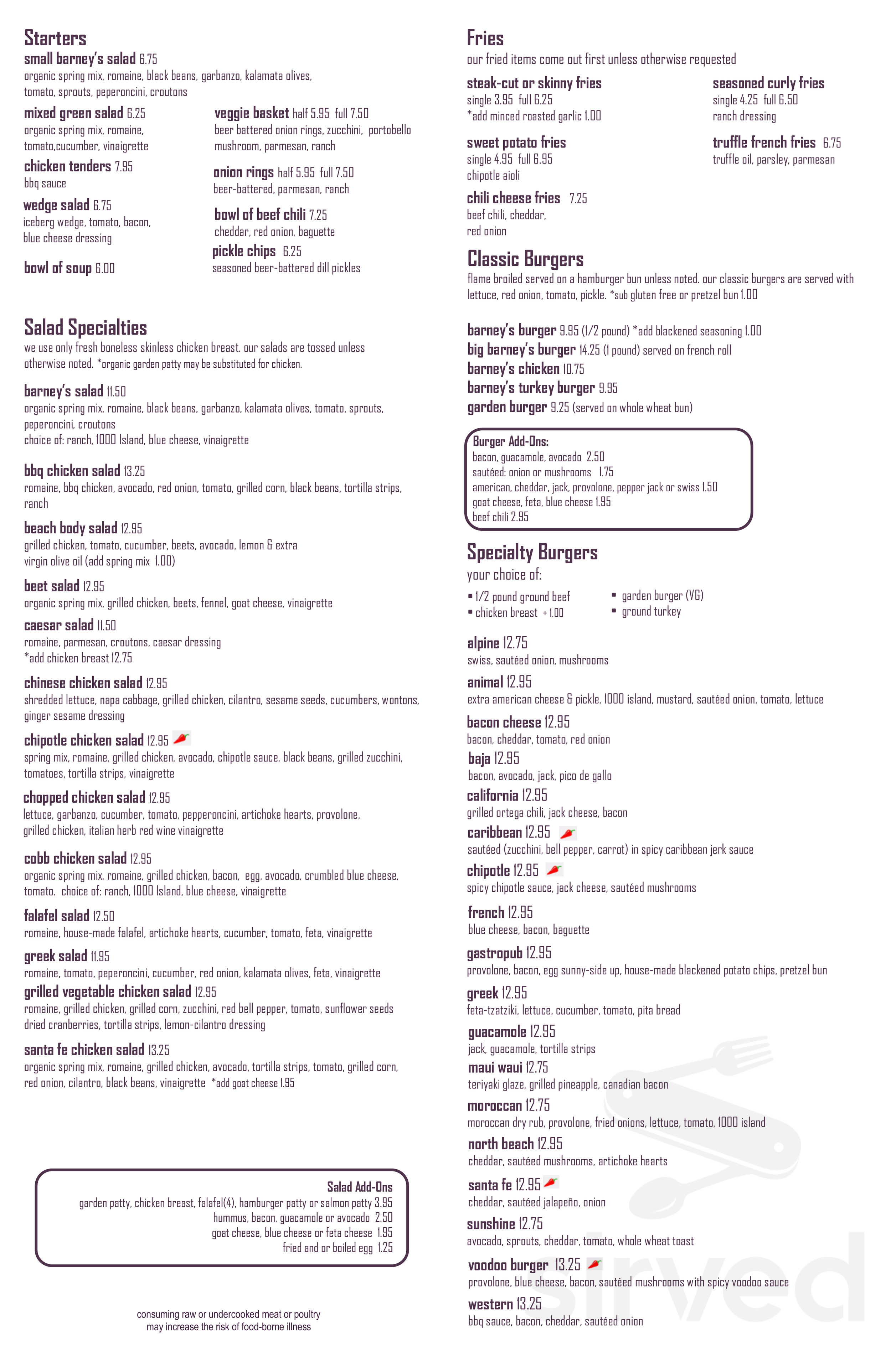 Menu for Barneys Gourmet Hamburgers in San Francisco, CA | Sirved