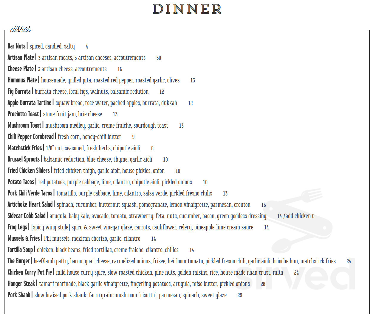 Sidecar menu in San Luis Obispo, California, USA