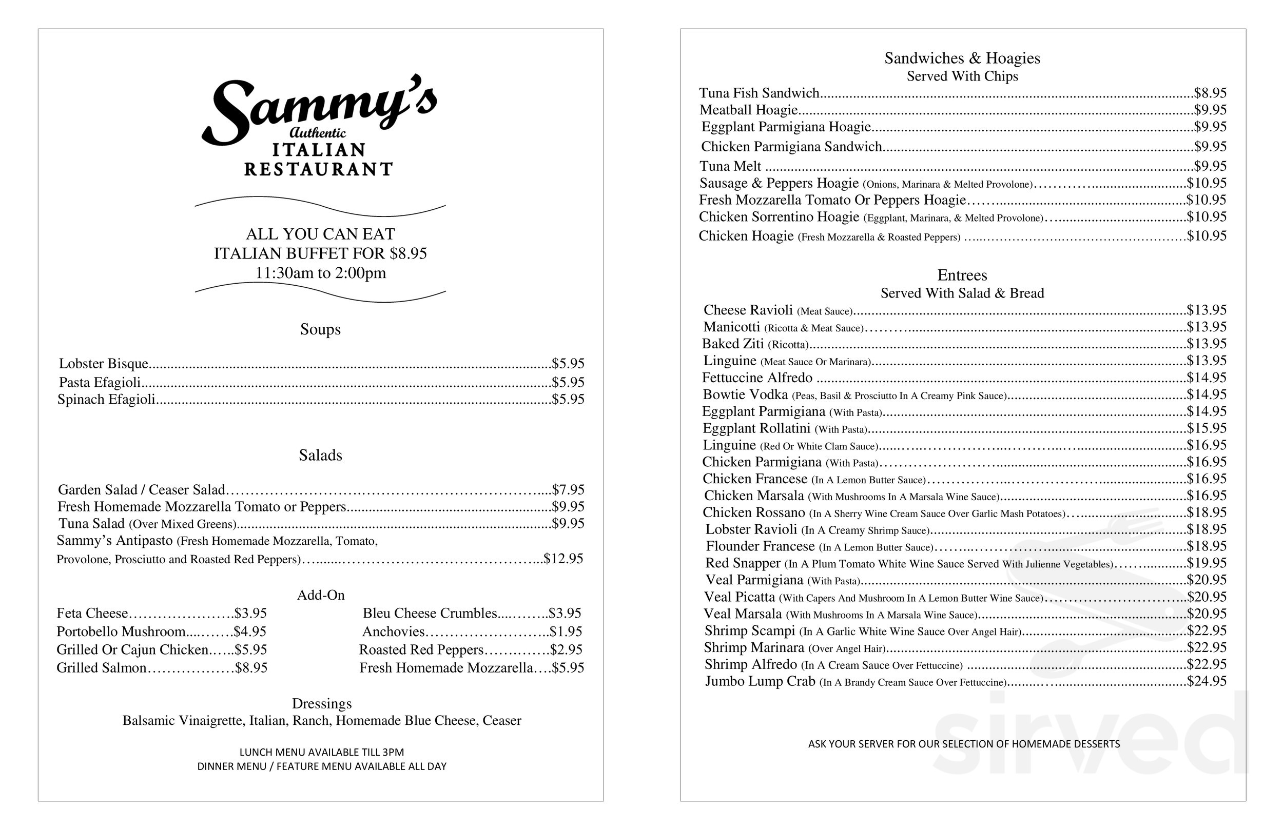 Sammy's Authentic Italian Restaurant menu in Harrisburg, Pennsylvania, USA