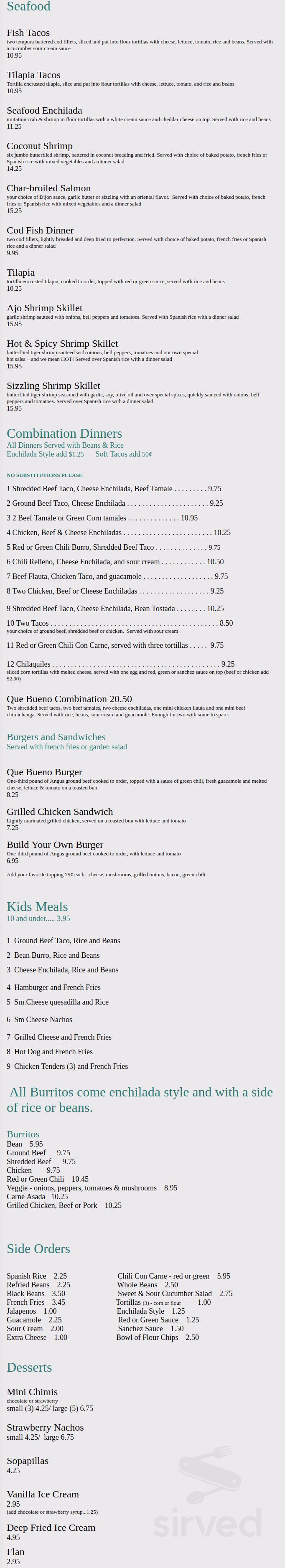 Que Bueno menu in Fountain Hills, Arizona, USA