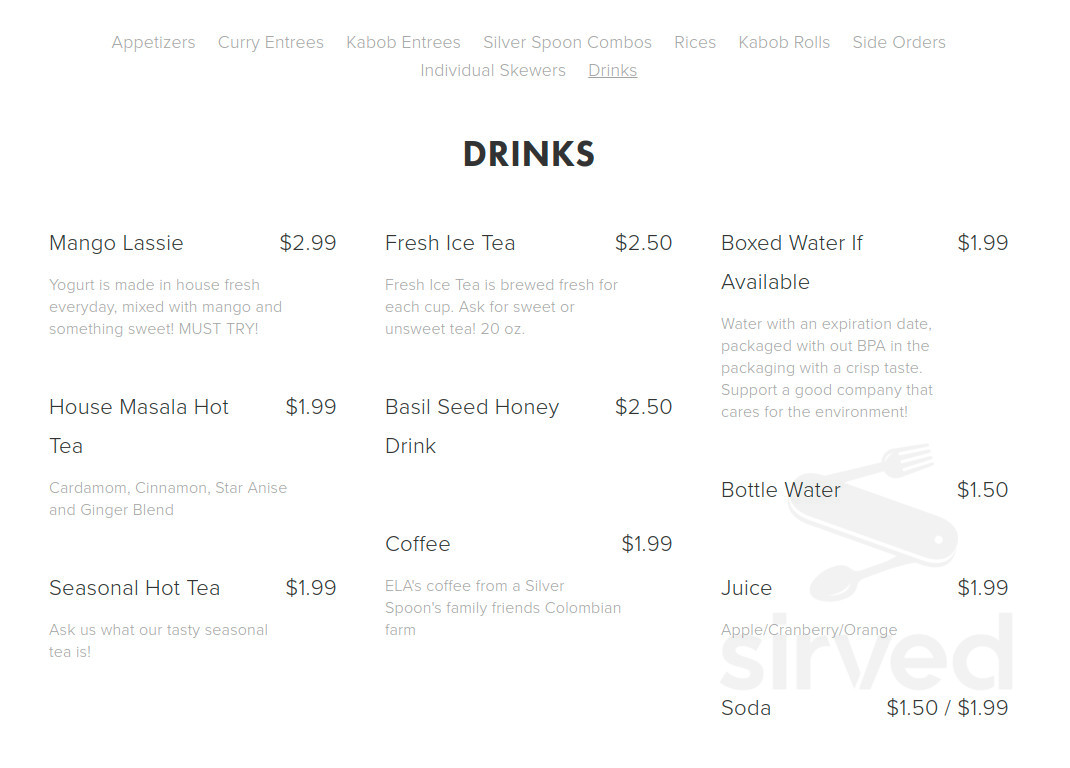 Menu for Silver Spoon Kabob Restaurant in Gaithersburg, Maryland