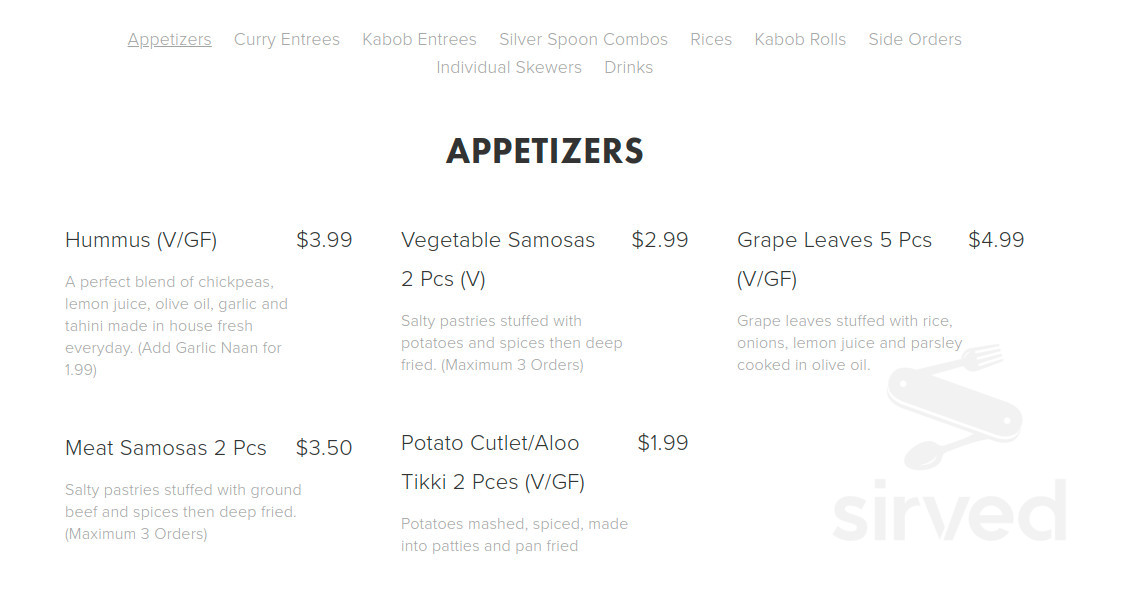 Menu for Silver Spoon Kabob Restaurant in Gaithersburg, Maryland