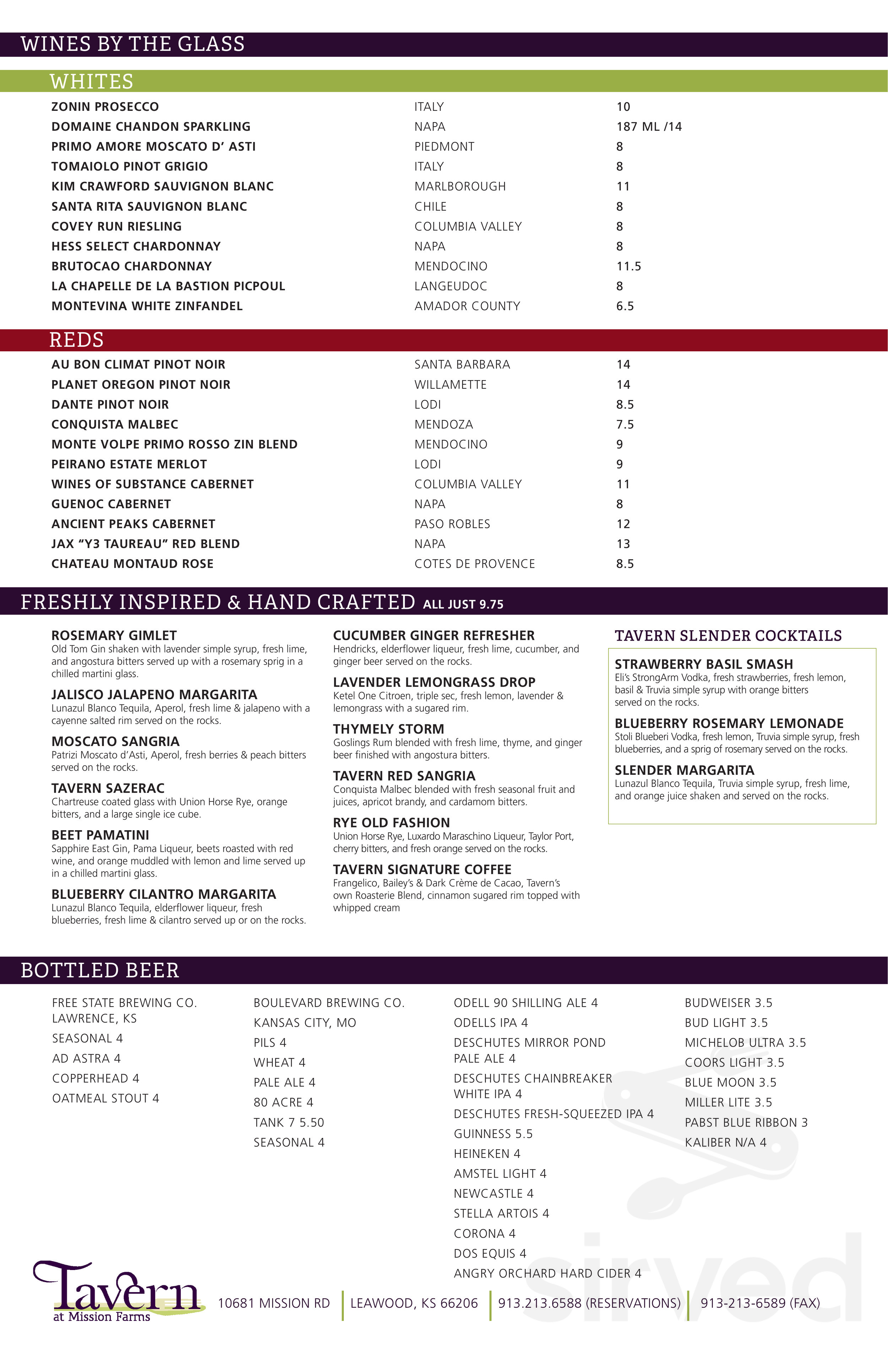 Tavern at Mission Farms menu in Leawood, Kansas, USA