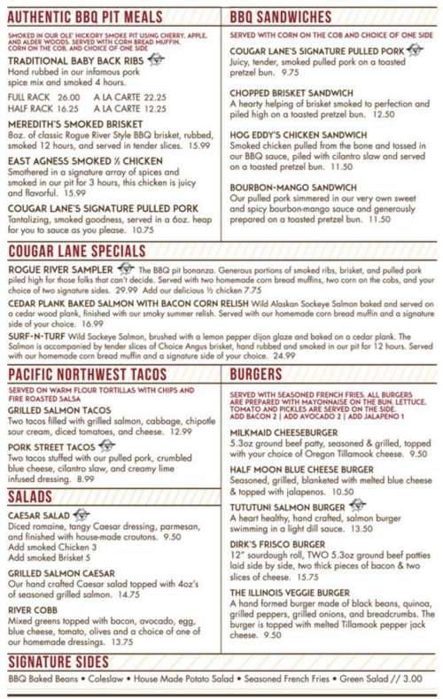 Cougar Lane Lodge menu in Agness, Oregon, USA