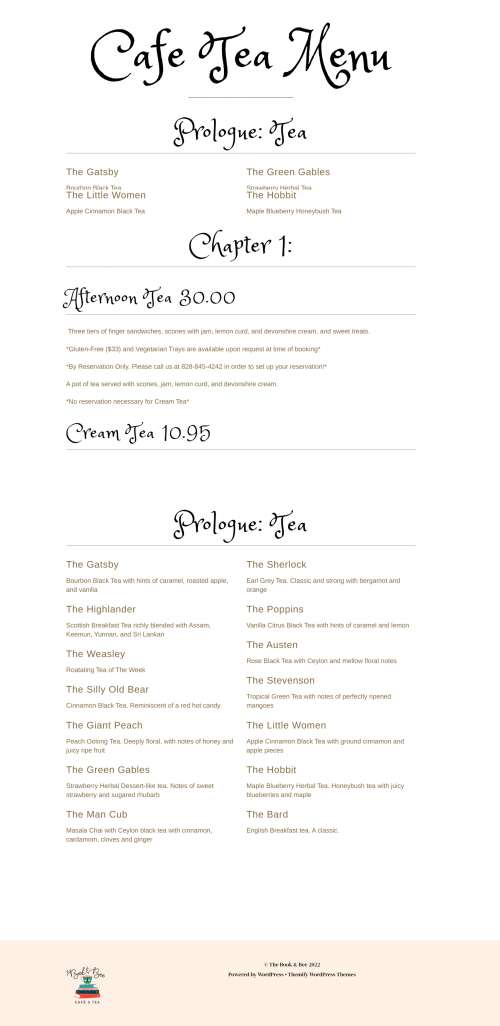 The Book and Bee Cafe and Tea menu in Hendersonville, North Carolina, USA